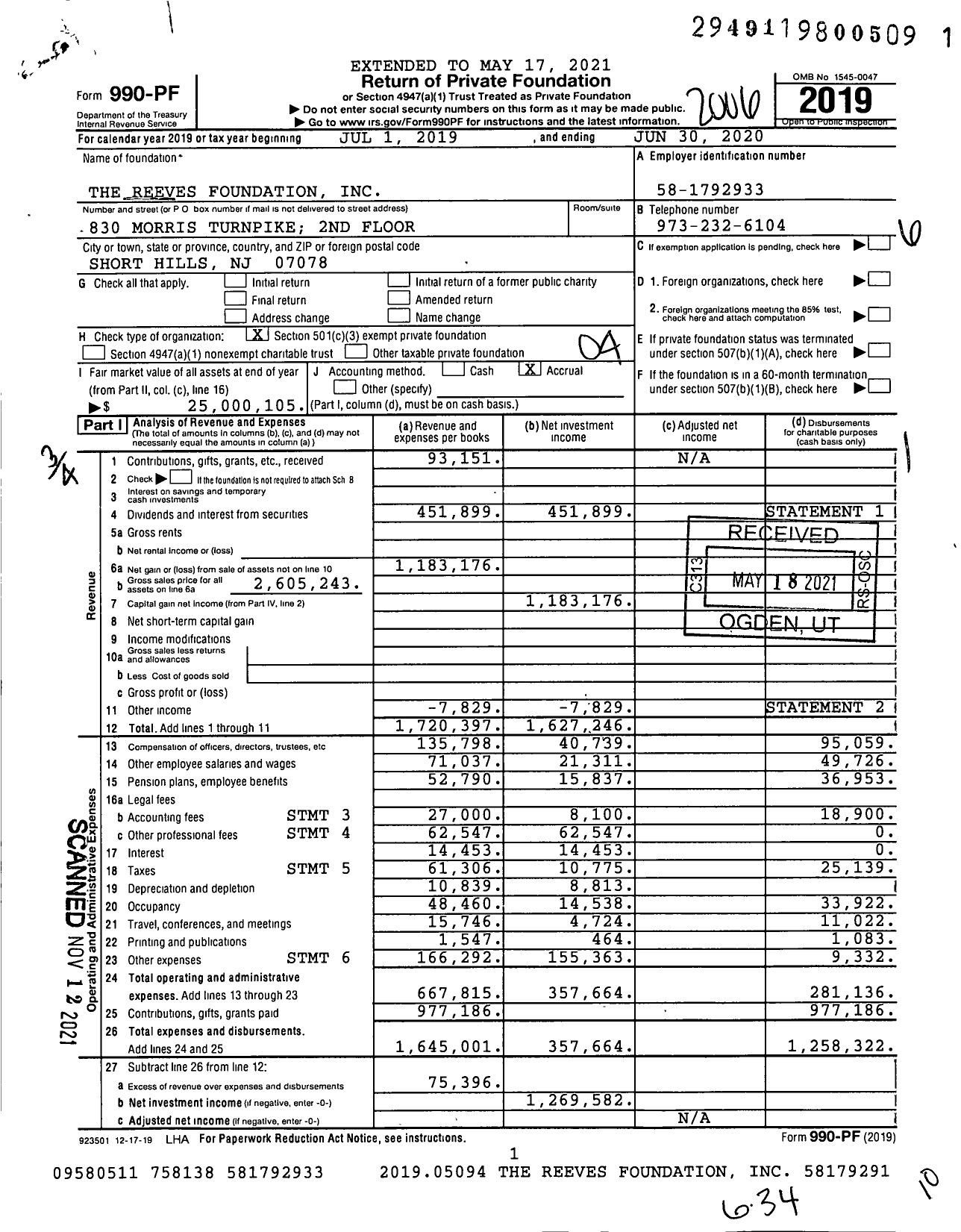 Image of first page of 2019 Form 990PF for The Reeves Foundation