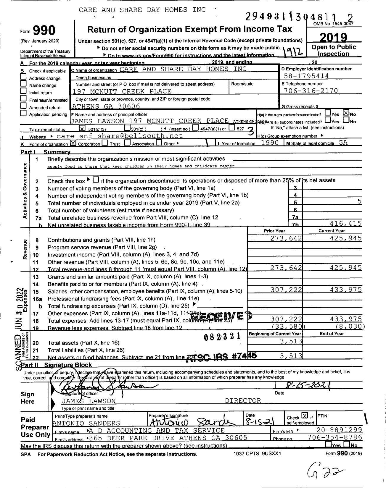 Image of first page of 2019 Form 990 for Care and Share Day Homes