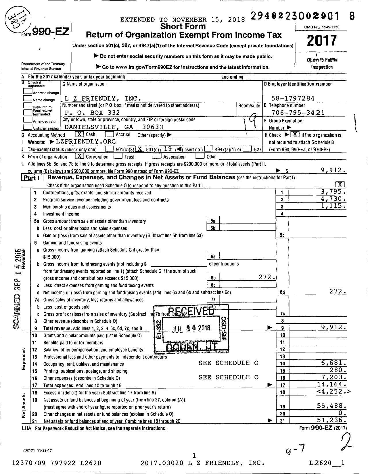 Image of first page of 2017 Form 990EO for L Z Friendly