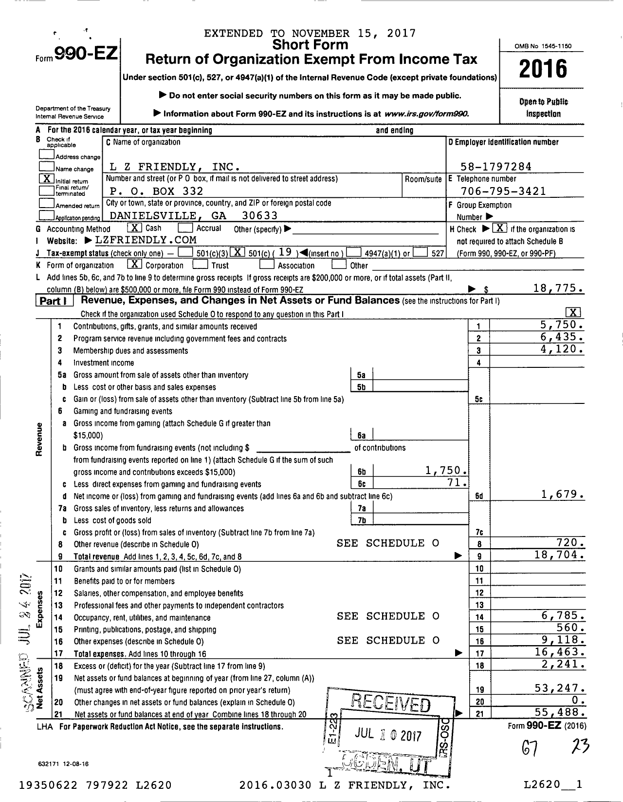 Image of first page of 2016 Form 990EO for L Z Friendly