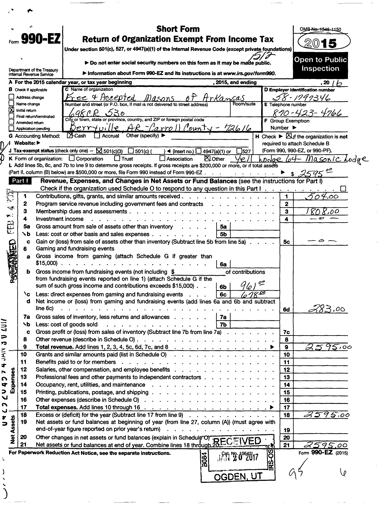 Image of first page of 2015 Form 990EZ for Free and Accepted Masons of Arkansas - 64 Yell