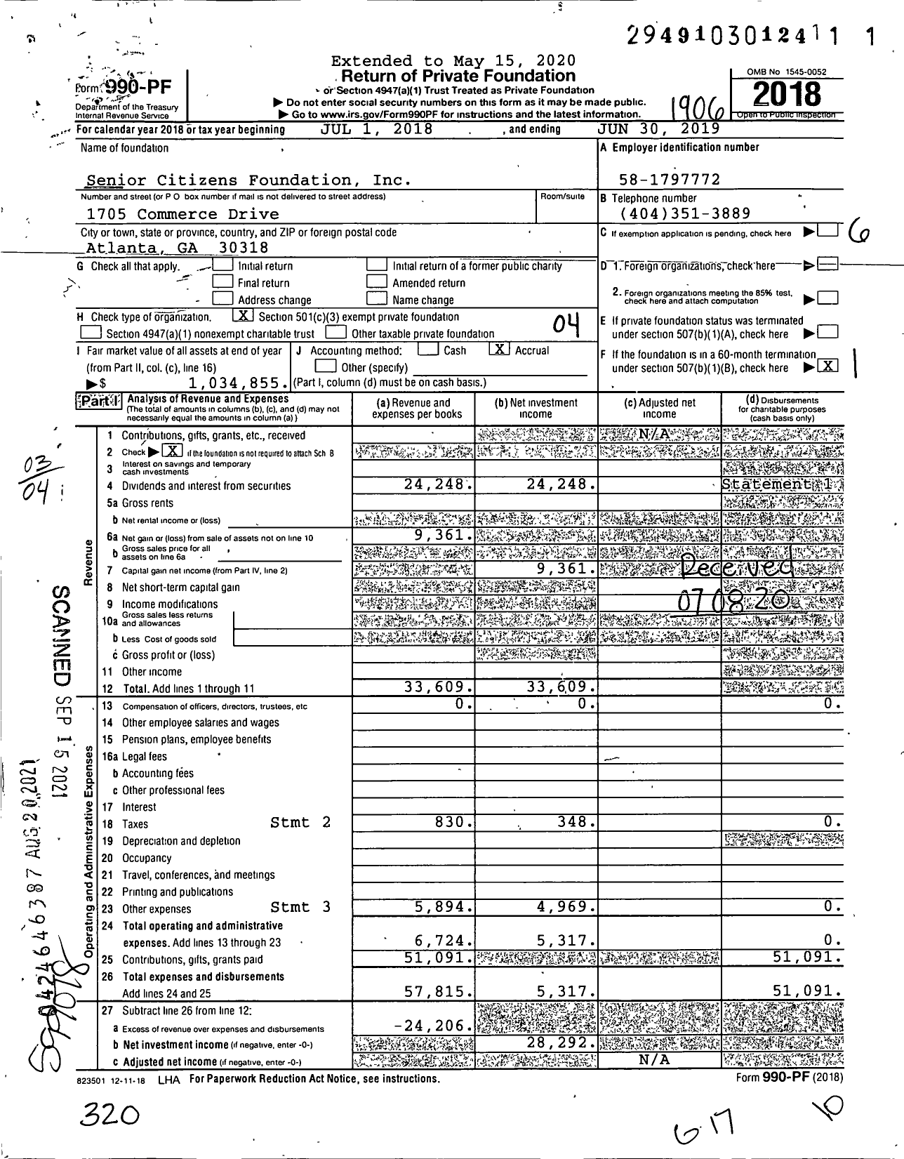 Image of first page of 2018 Form 990PF for Senior Citizens Foundation