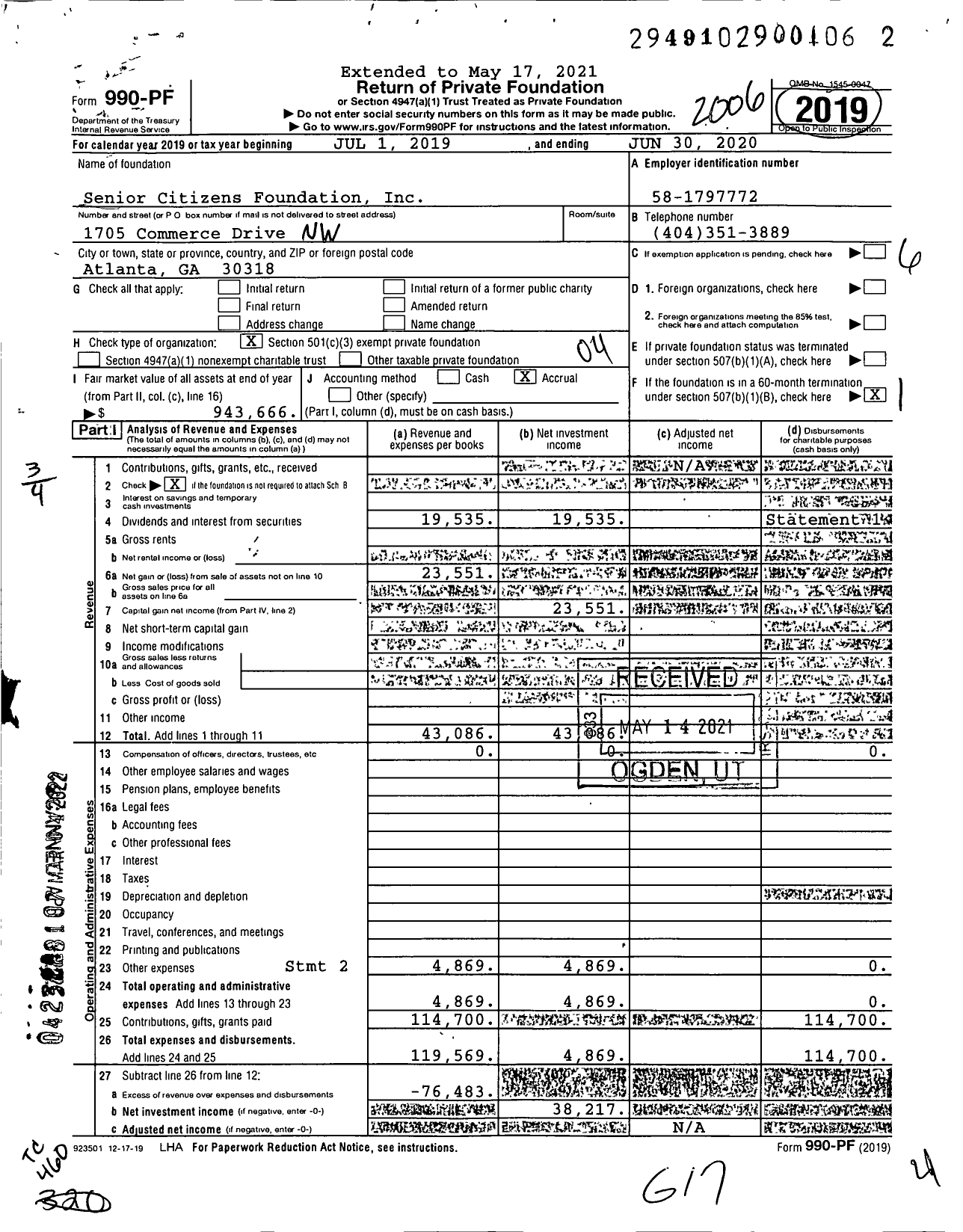 Image of first page of 2019 Form 990PF for Senior Citizens Foundation