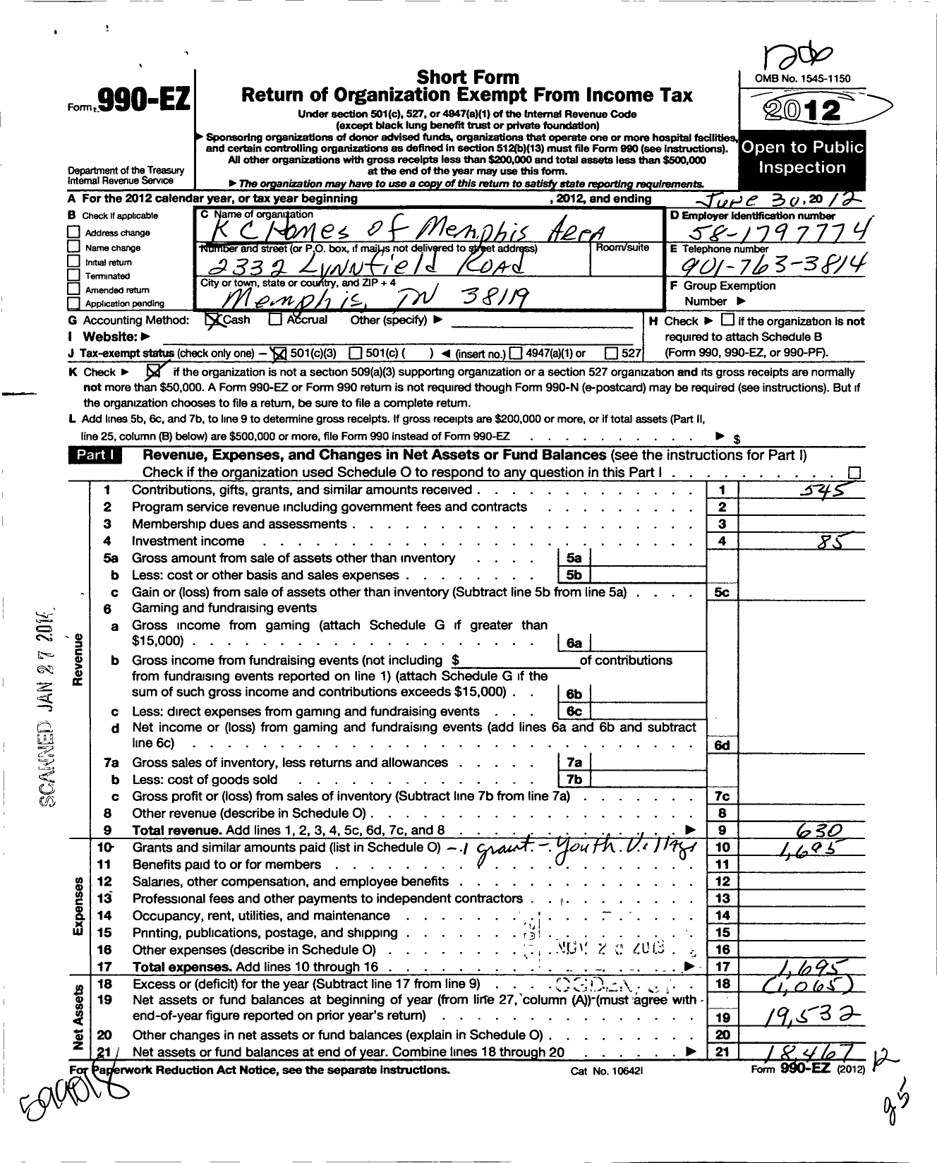 Image of first page of 2011 Form 990EZ for K C Homes of Memphis Area