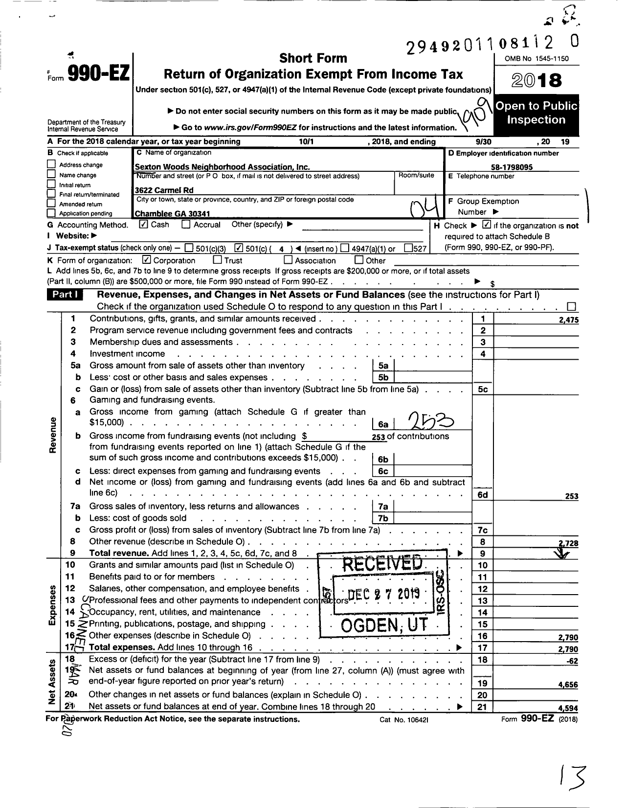 Image of first page of 2018 Form 990EO for Sexton Woods Neighborhood Association