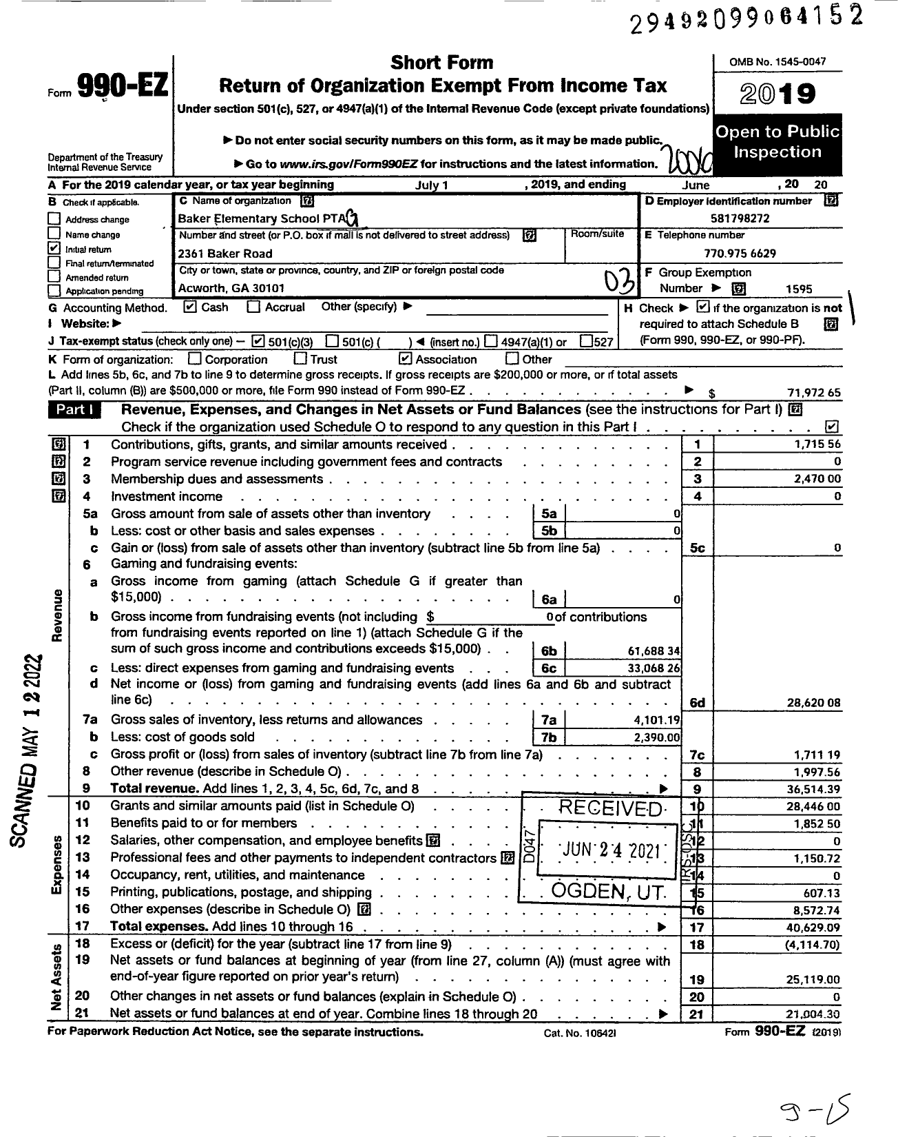 Image of first page of 2019 Form 990EZ for Georgia PTA - Baker Elem PTA