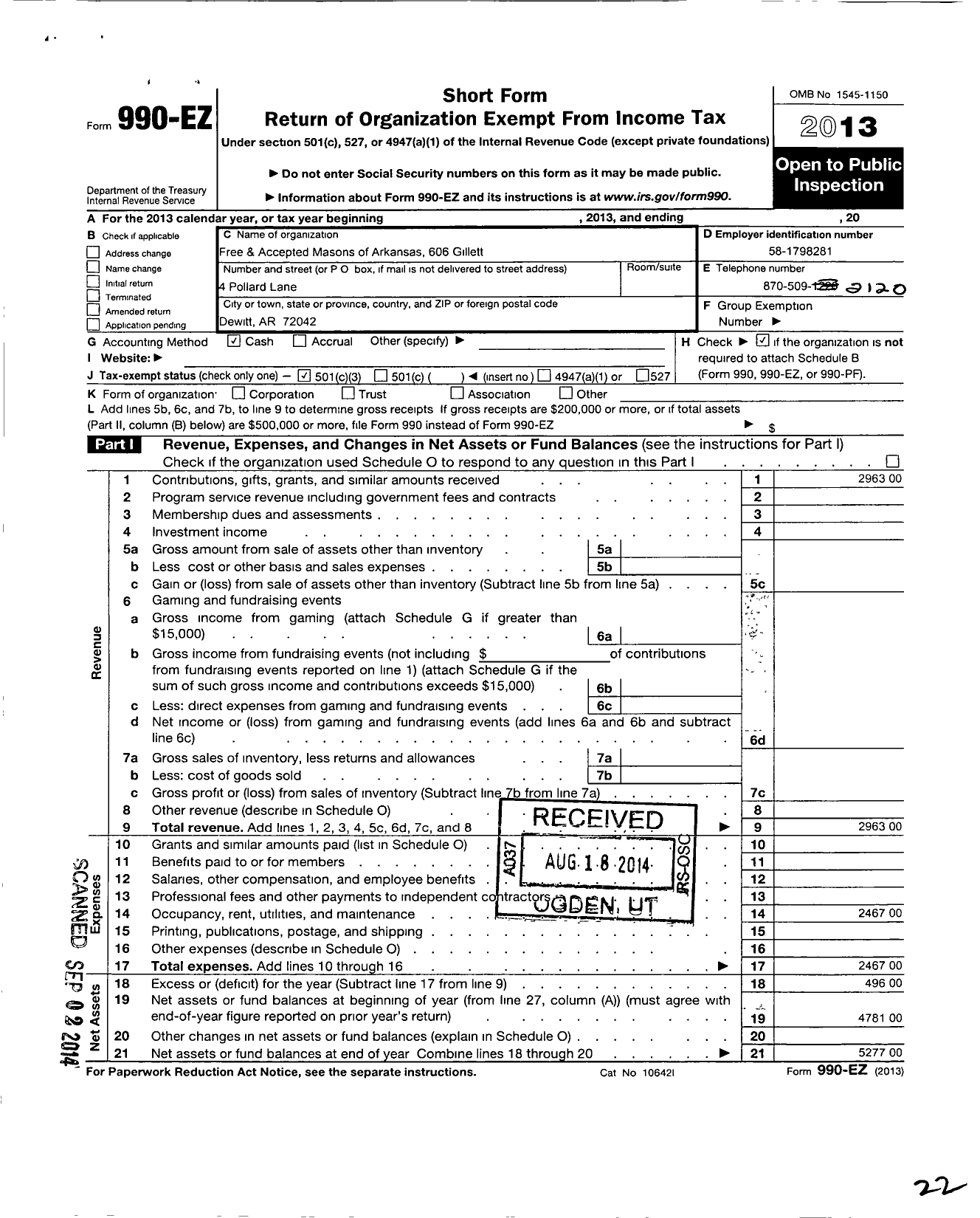 Image of first page of 2013 Form 990EZ for Free and Accepted Masons of Arkansas - 606 Gillett