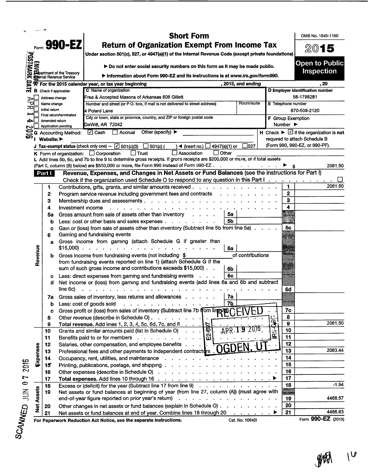 Image of first page of 2015 Form 990EZ for Free and Accepted Masons of Arkansas - 606 Gillett