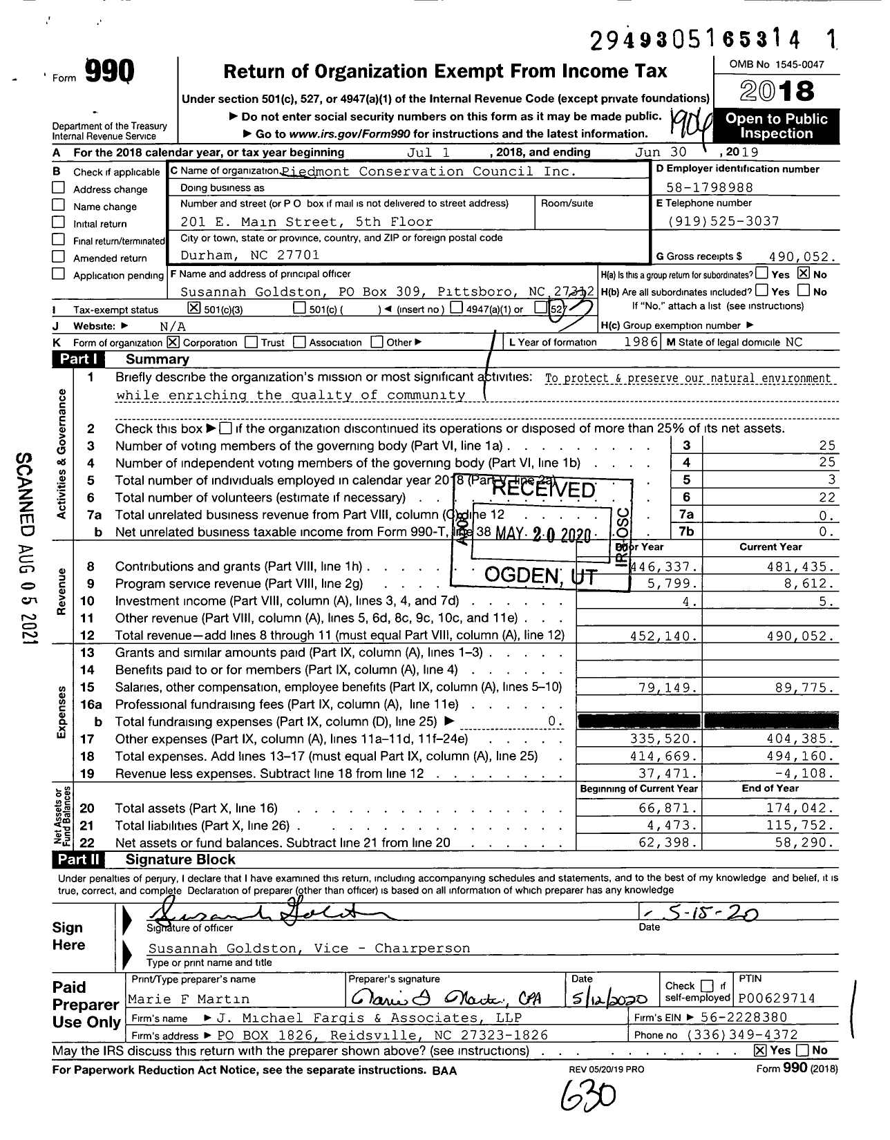 Image of first page of 2018 Form 990 for Piedmont Conservation Council