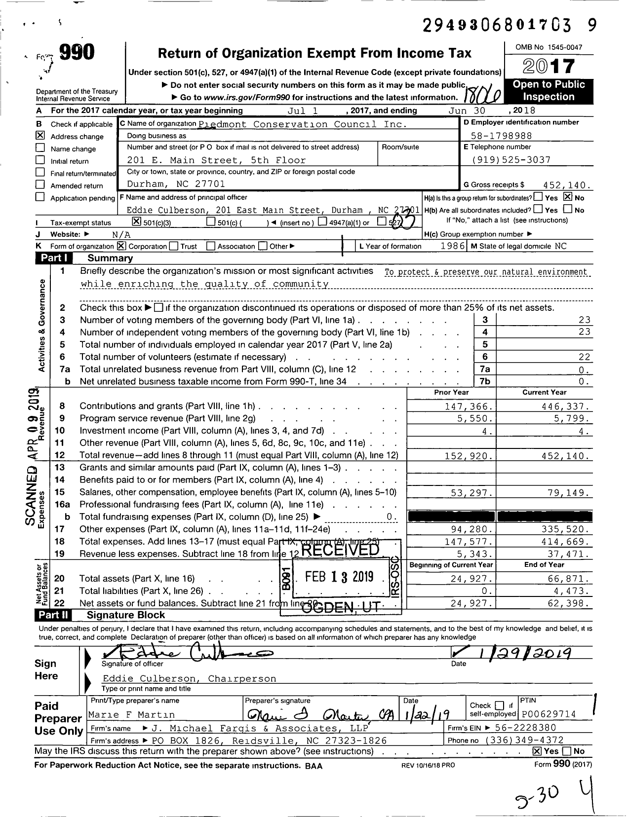 Image of first page of 2017 Form 990 for Piedmont Conservation Council