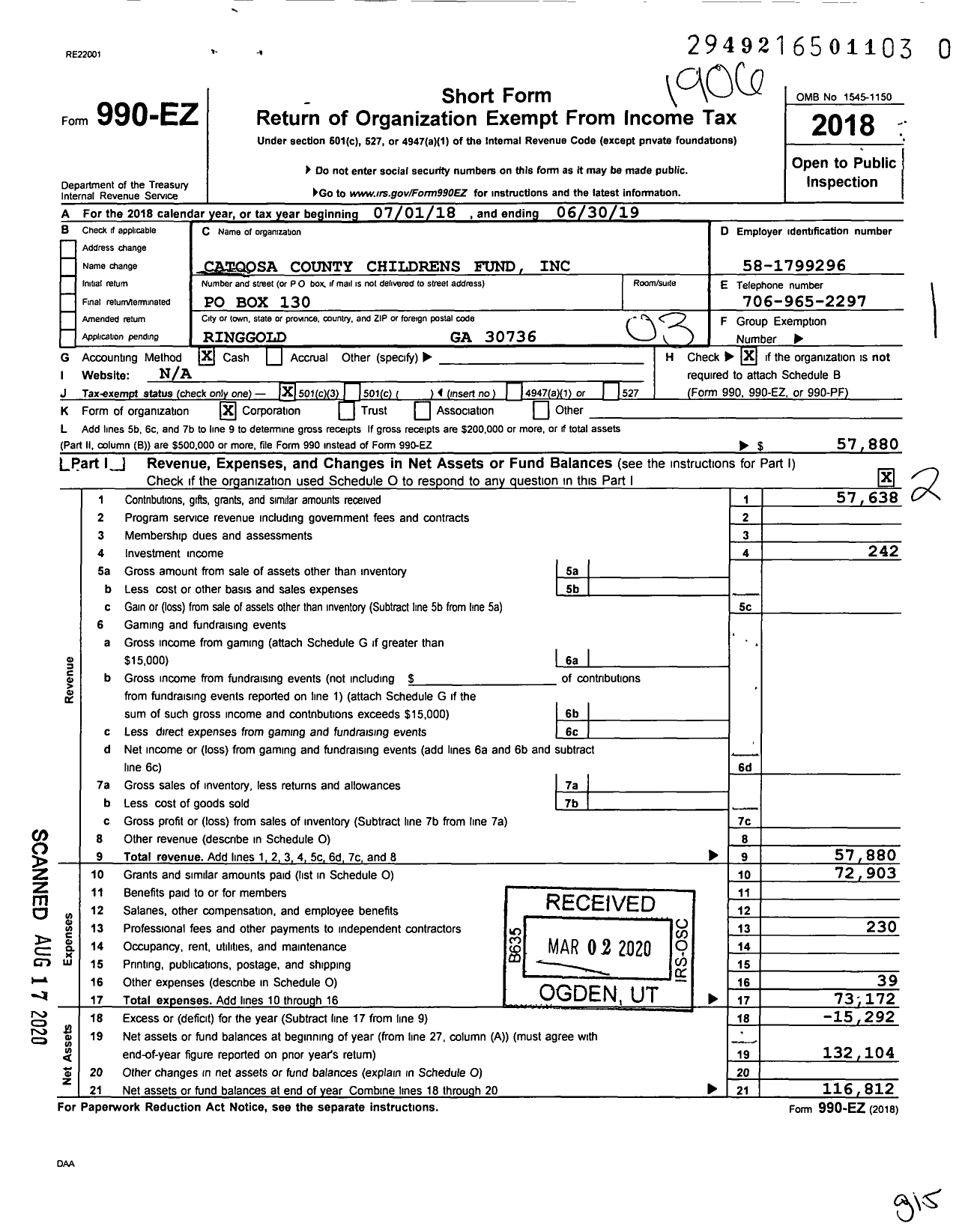 Image of first page of 2018 Form 990EZ for Catoosa County Childrens Fund