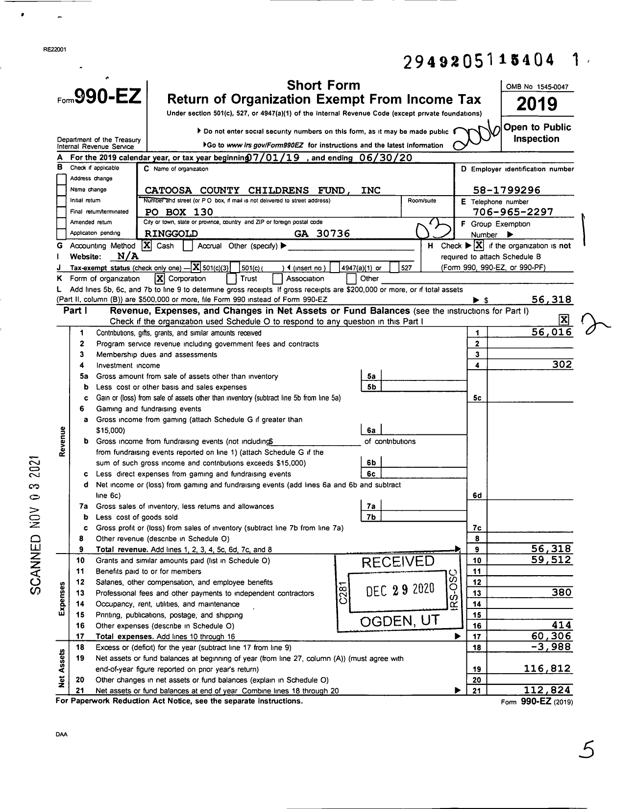 Image of first page of 2019 Form 990EZ for Catoosa County Childrens Fund