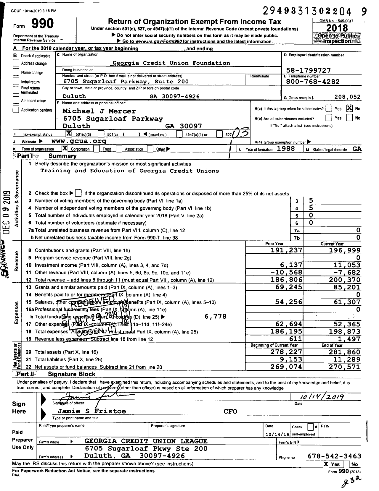 Image of first page of 2018 Form 990 for Georgia Credit Union Foundation