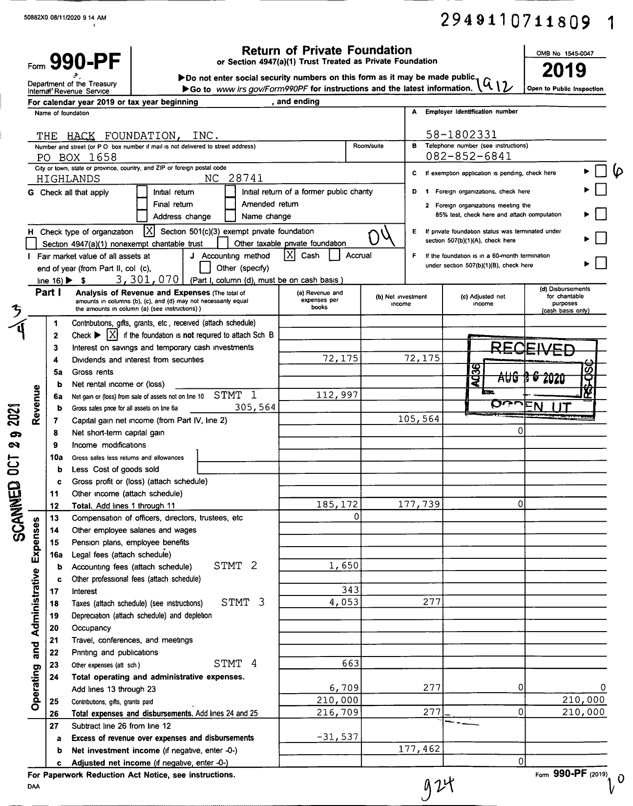 Image of first page of 2019 Form 990PF for The Hack Foundation