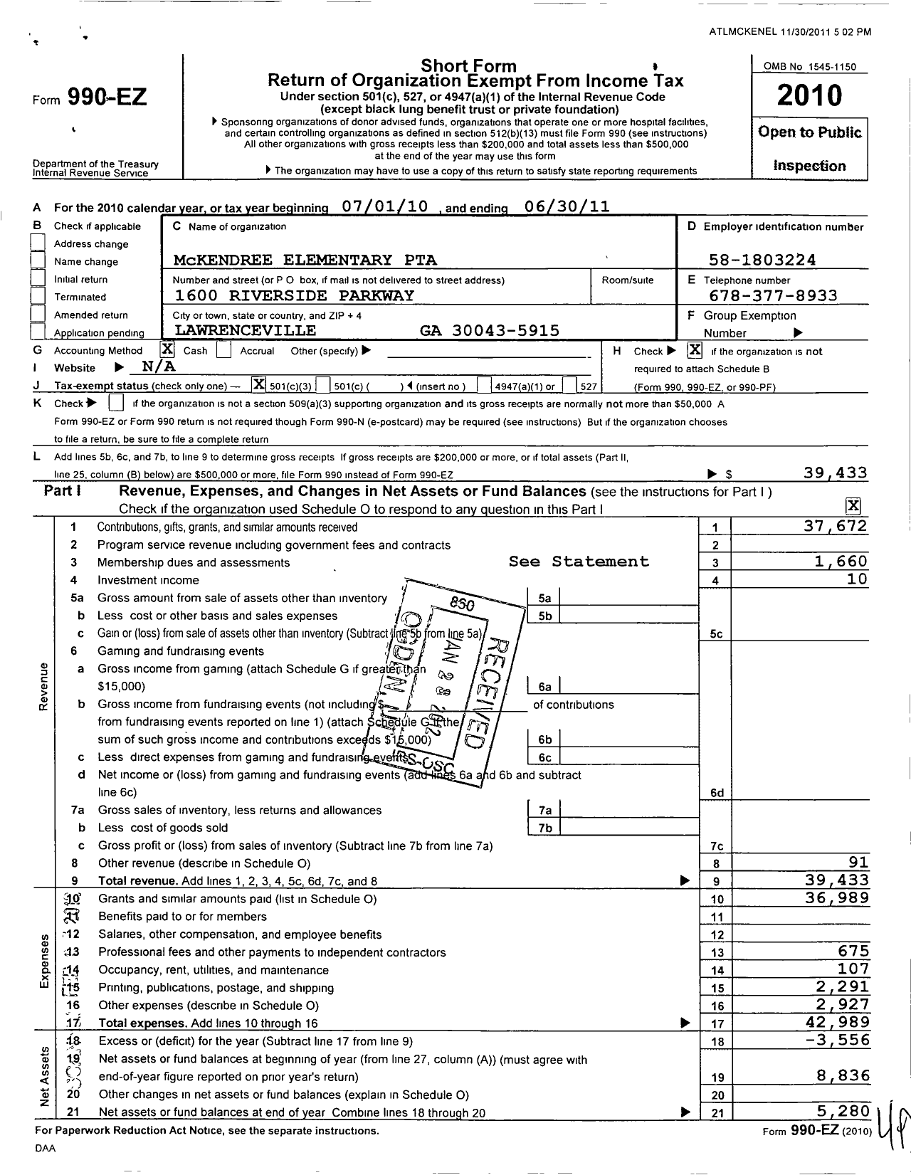 Image of first page of 2010 Form 990EZ for Georgia PTA - Mckendree Es PTA