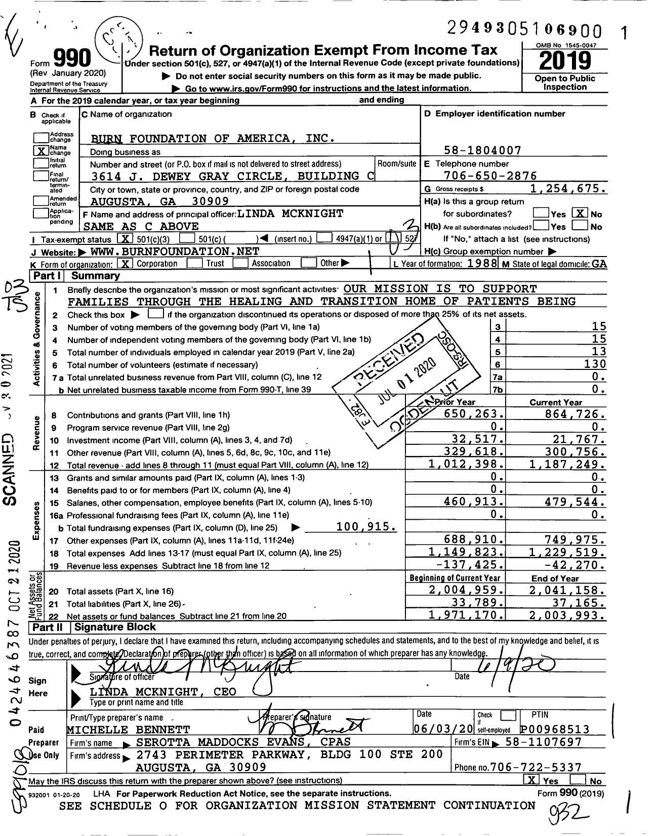 Image of first page of 2019 Form 990 for Burn Foundation of America