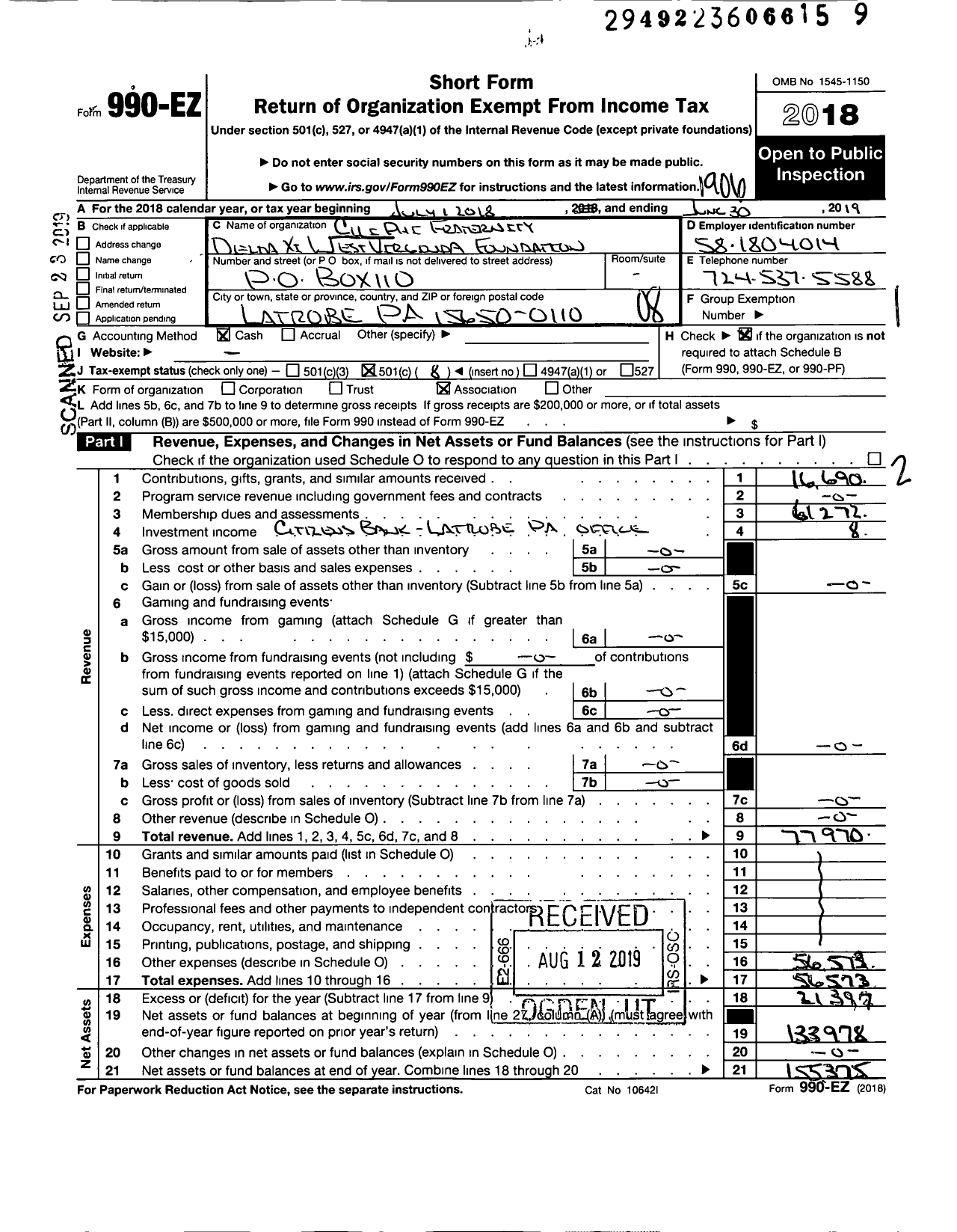 Image of first page of 2018 Form 990EO for Chi Phi Fraternity Delta XI West Virginia Foundation