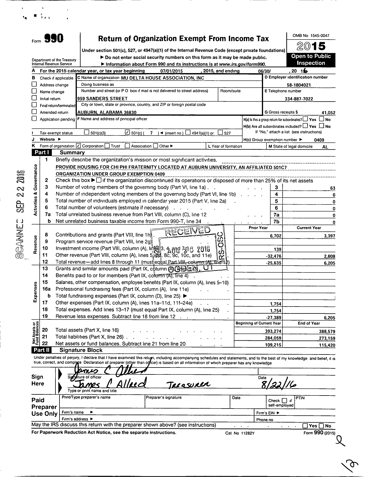 Image of first page of 2015 Form 990O for Mu Delta House Association