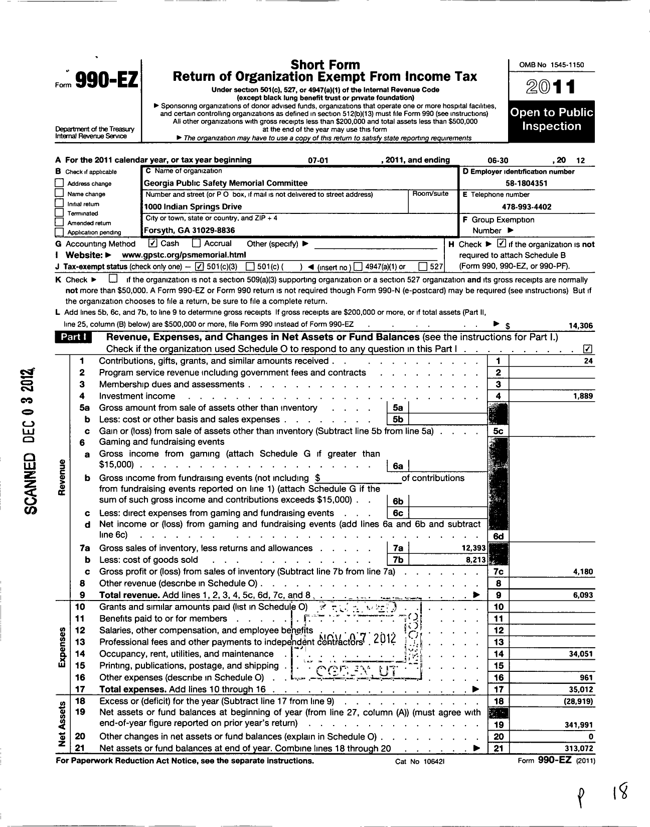 Image of first page of 2011 Form 990EZ for Georgia Public Safety Memorial Committee