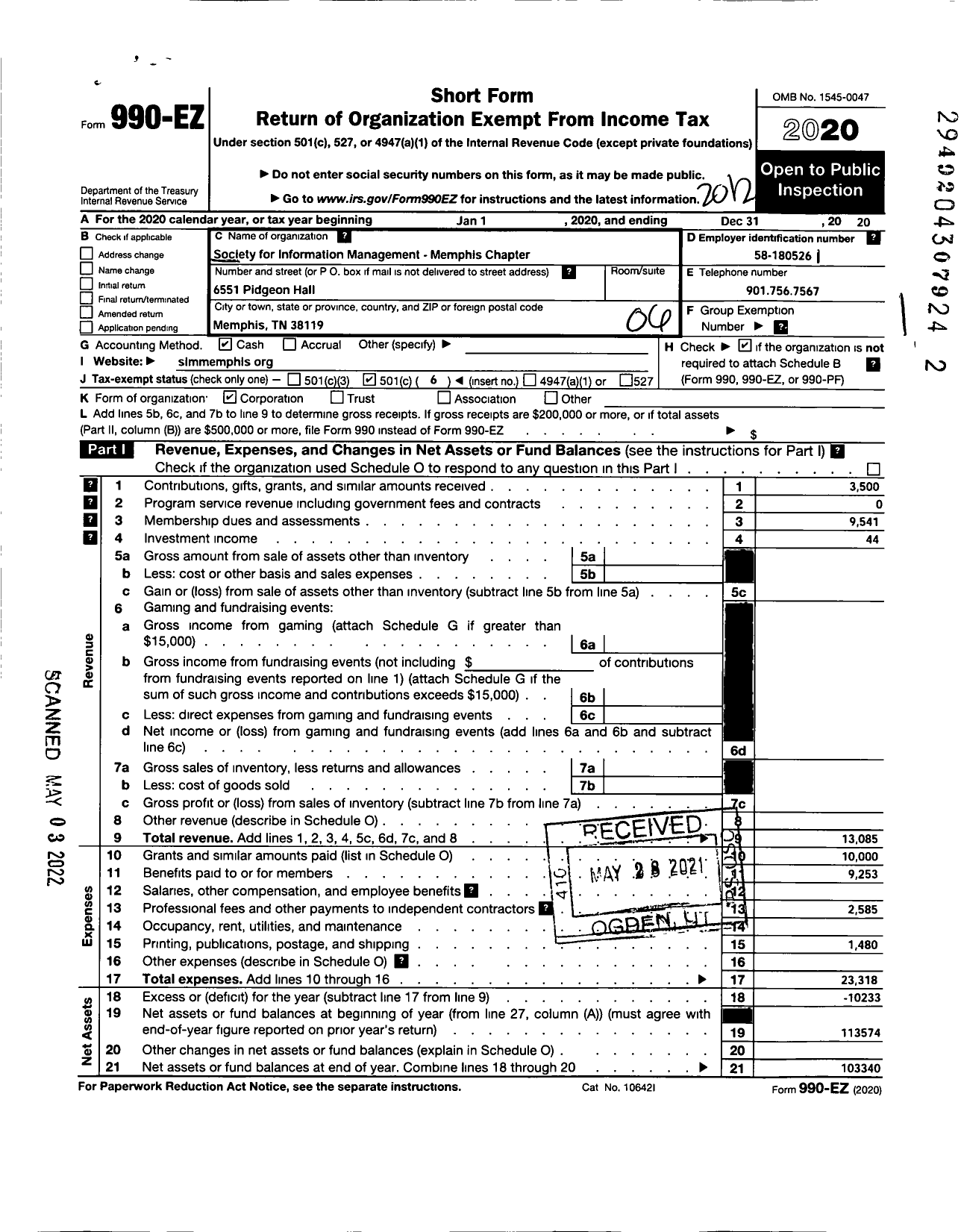 Image of first page of 2020 Form 990EO for Society for Management Information Systems / Memphis Chapter