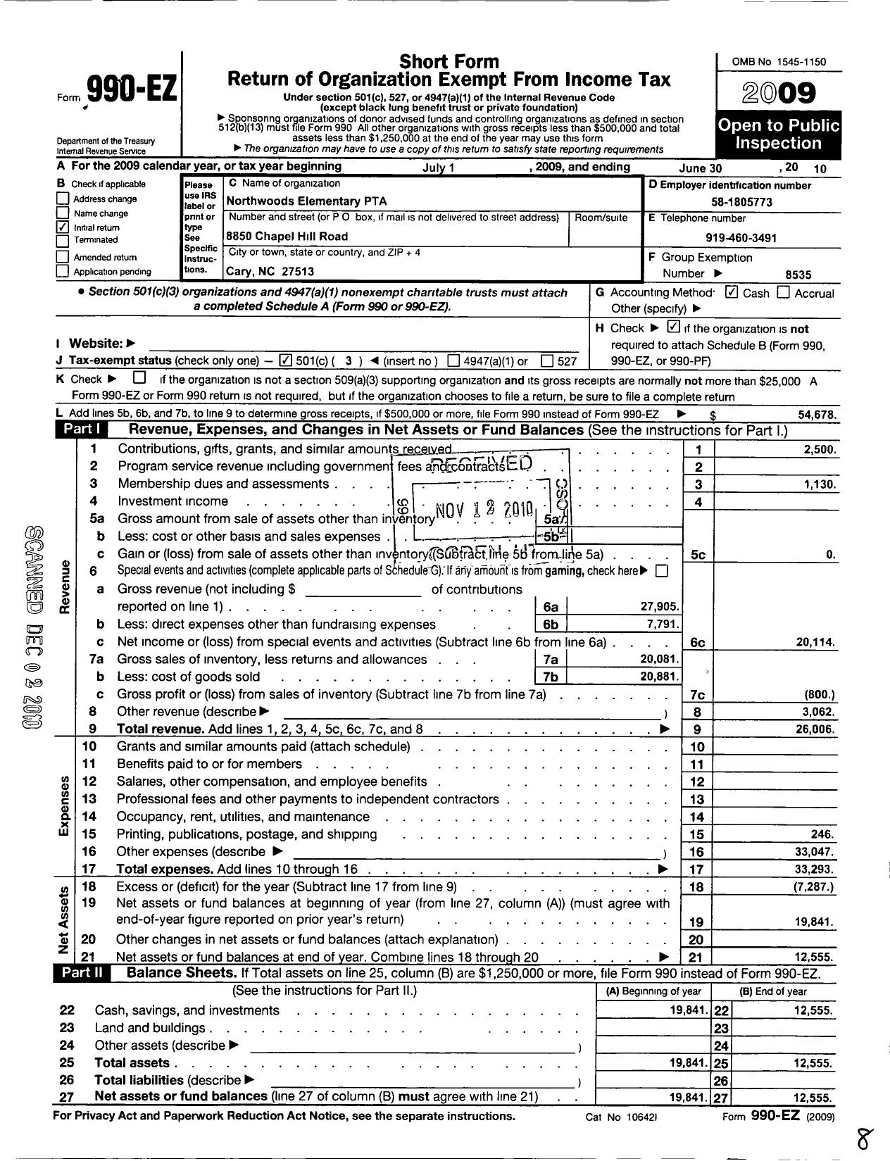 Image of first page of 2009 Form 990EZ for NORTH CAROLINA PTA - Northwoods Elementary PTA