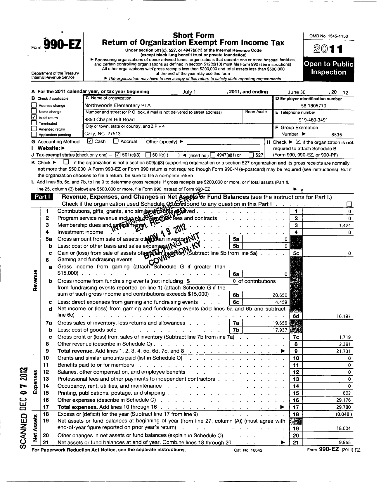 Image of first page of 2011 Form 990EZ for NORTH CAROLINA PTA - Northwoods Elementary PTA