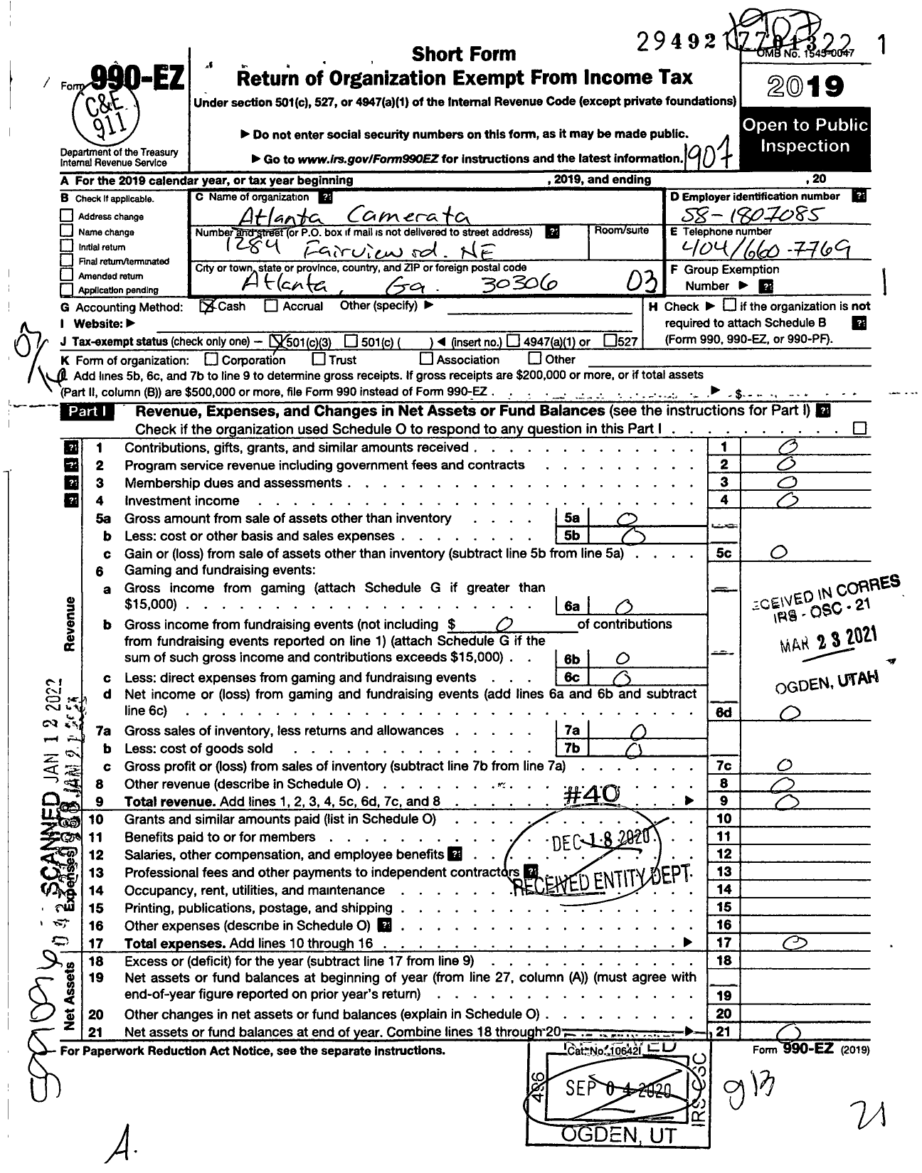 Image of first page of 2018 Form 990EZ for Atlanta Camerata