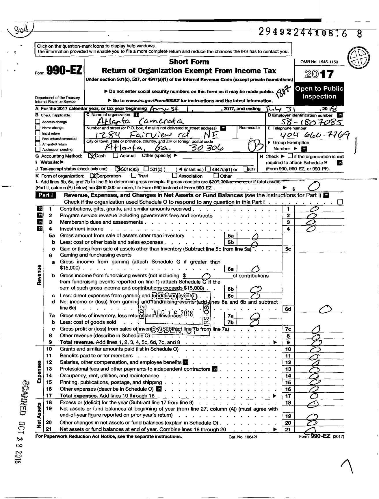 Image of first page of 2017 Form 990EZ for Atlanta Camerata