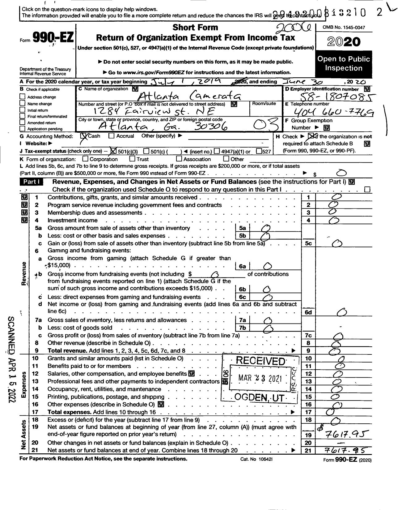 Image of first page of 2019 Form 990EZ for Atlanta Camerata