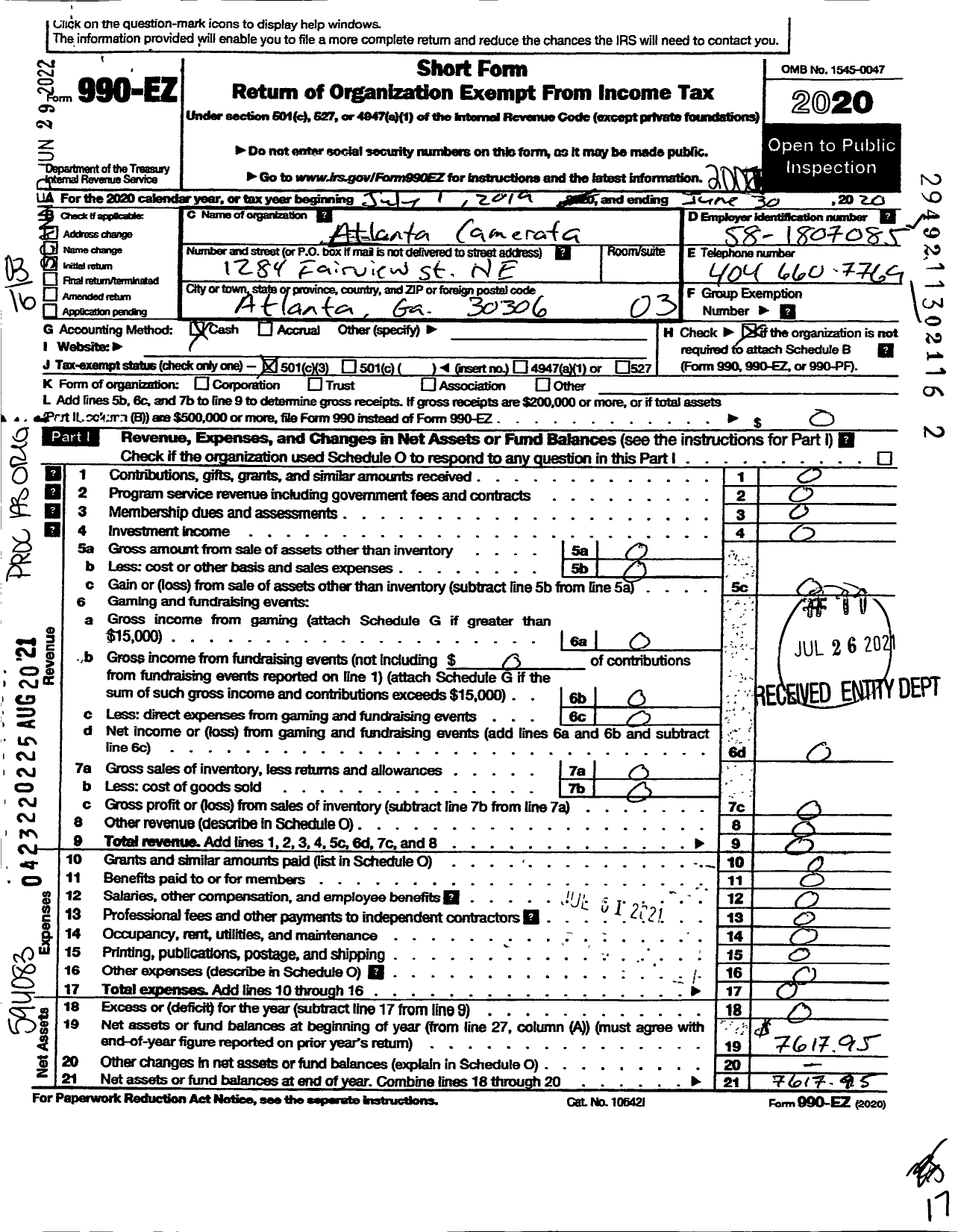 Image of first page of 2019 Form 990EZ for Atlanta Camerata