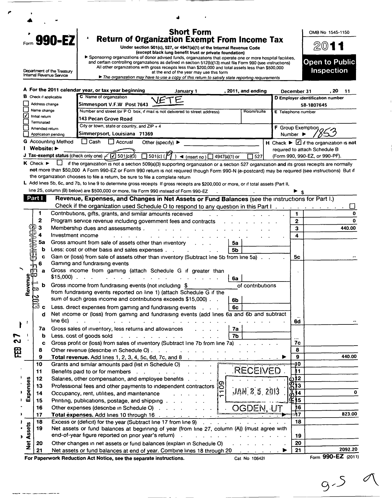 Image of first page of 2011 Form 990EO for Veterans of Foreign Wars of the United States Dept of Louisiana - 7643 Simmesport VFW Post