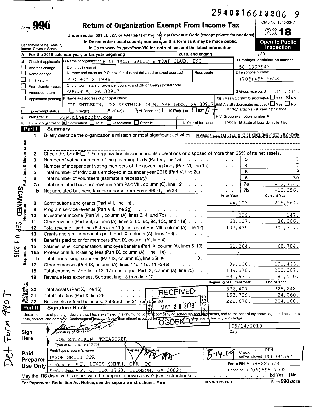 Image of first page of 2018 Form 990O for Pinetucky Skeet and Trap Club