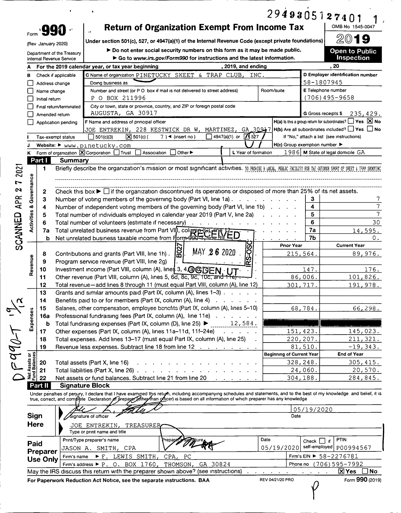 Image of first page of 2019 Form 990O for Pinetucky Skeet and Trap Club