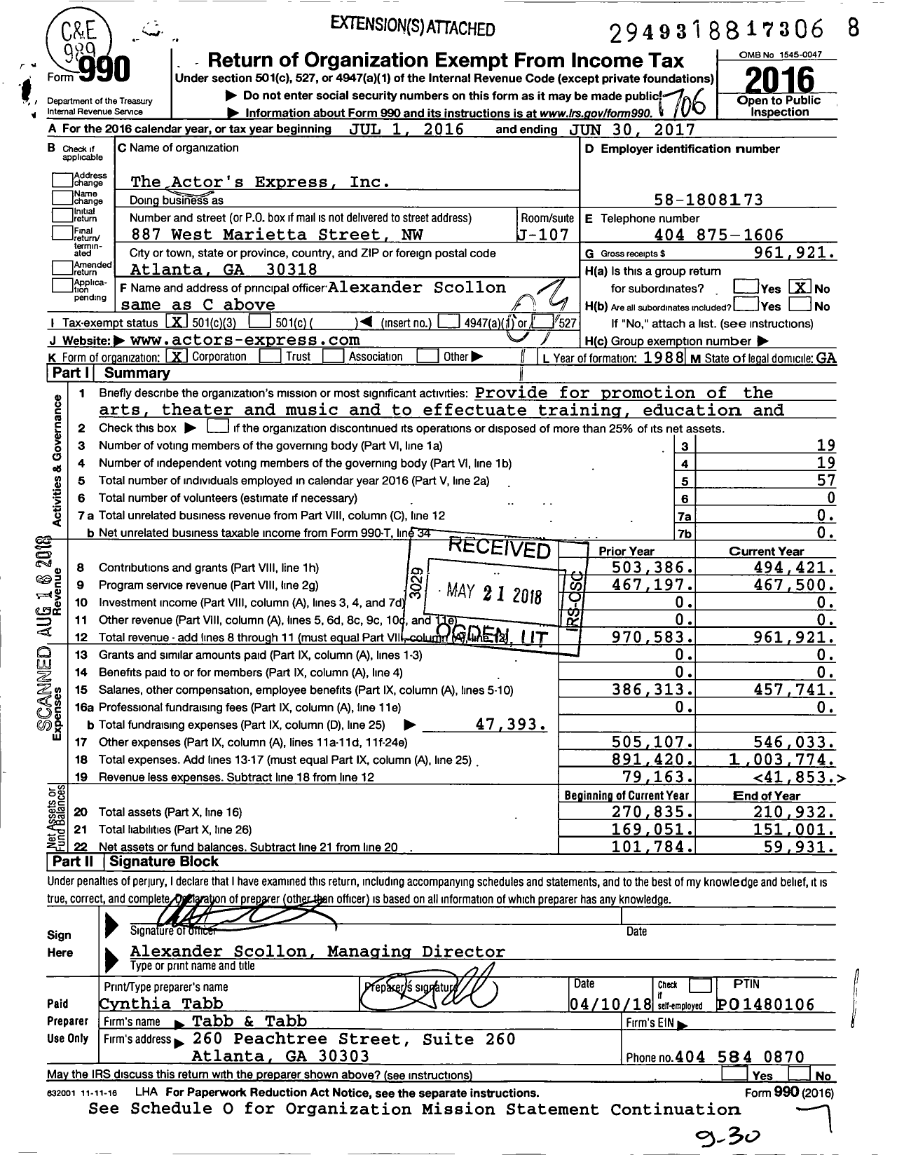 Image of first page of 2016 Form 990 for The Actor's Express