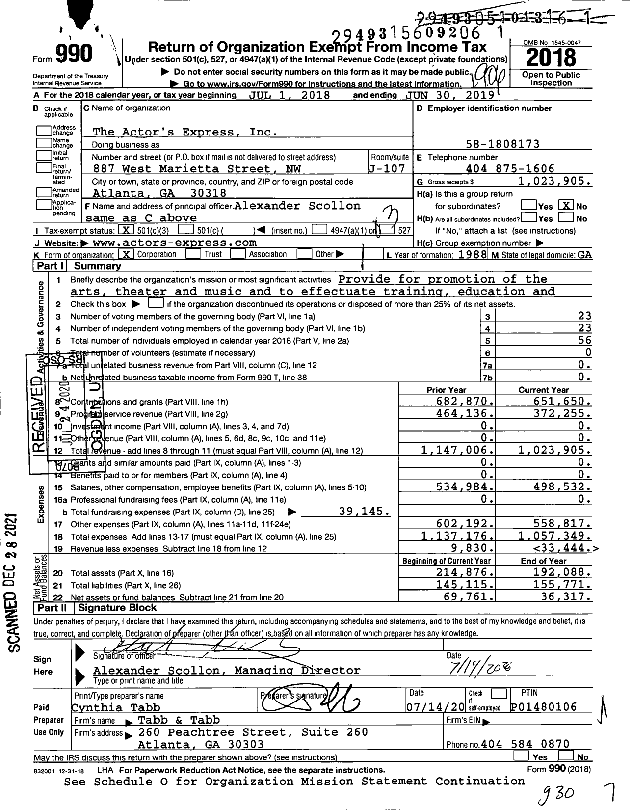 Image of first page of 2018 Form 990 for The Actor's Express