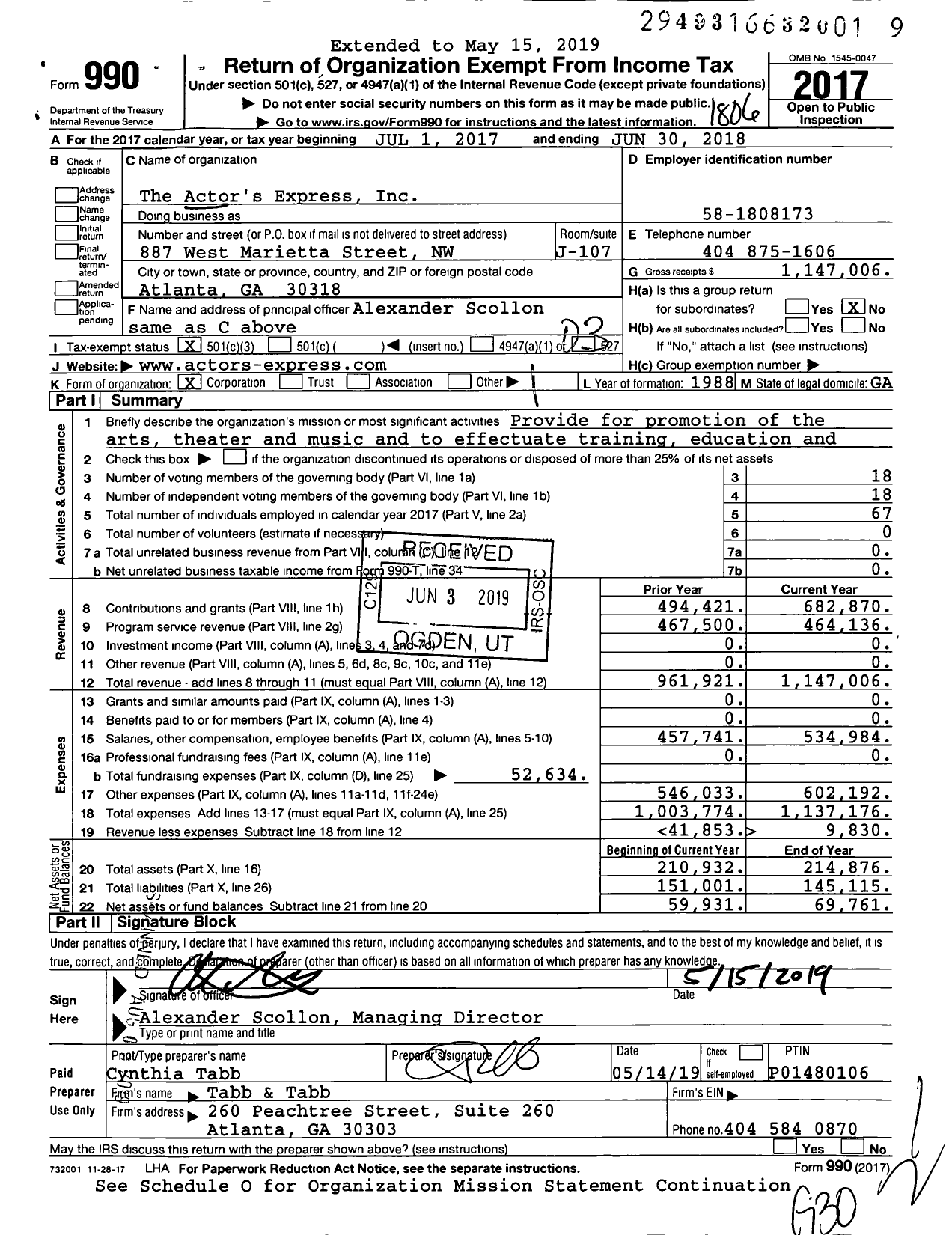 Image of first page of 2017 Form 990 for The Actor's Express