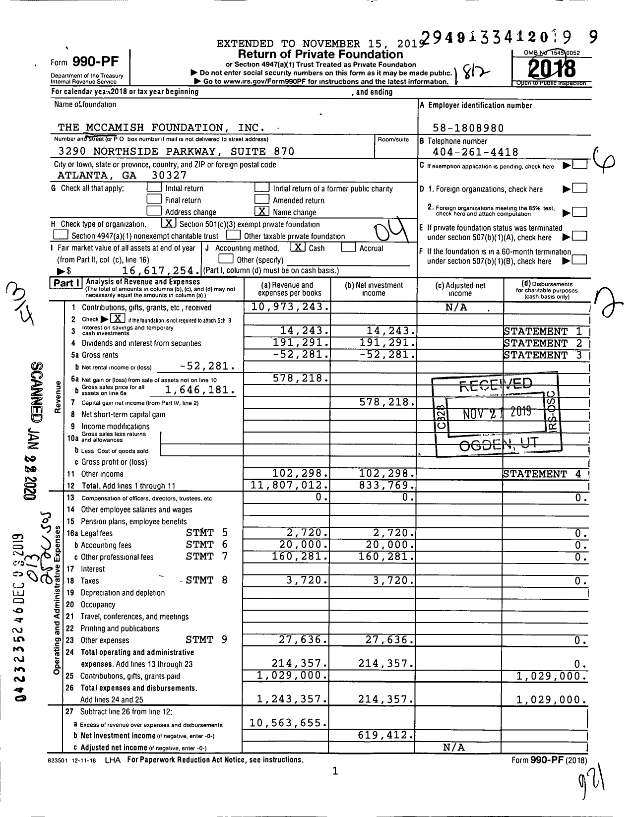 Image of first page of 2018 Form 990PF for The Mccamish Foundation