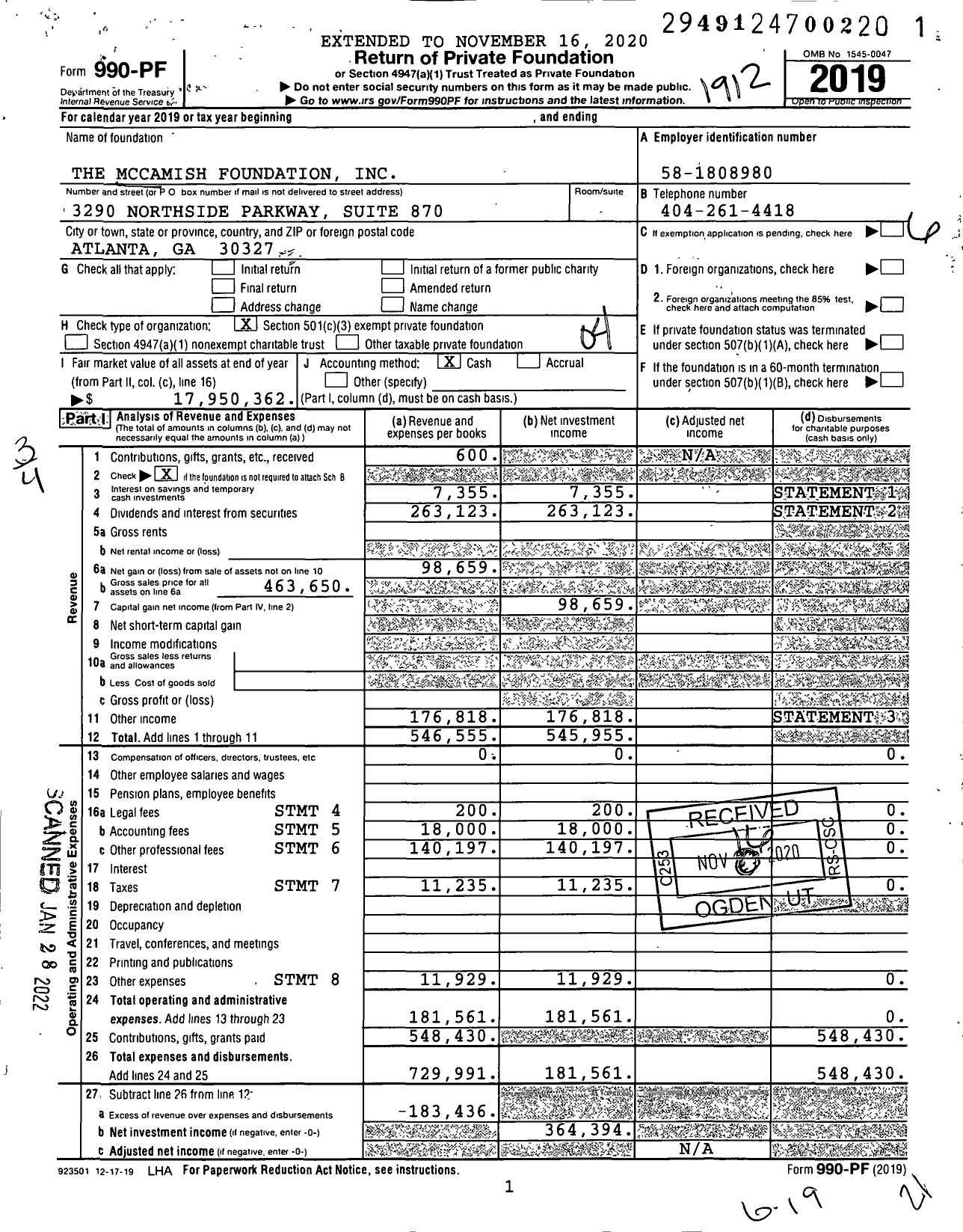 Image of first page of 2019 Form 990PF for The Mccamish Foundation