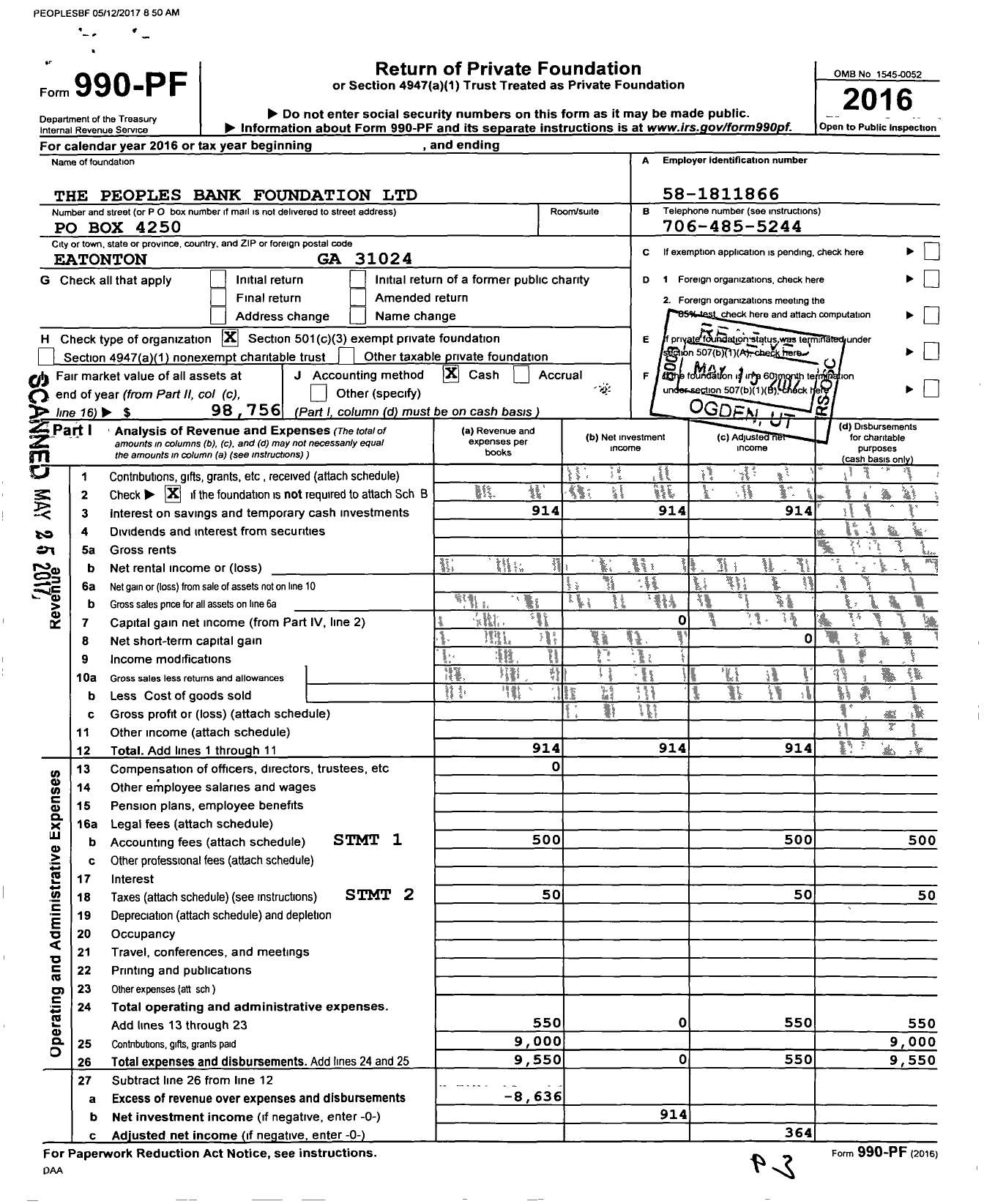 Image of first page of 2016 Form 990PF for The Peoples Bank Foundation