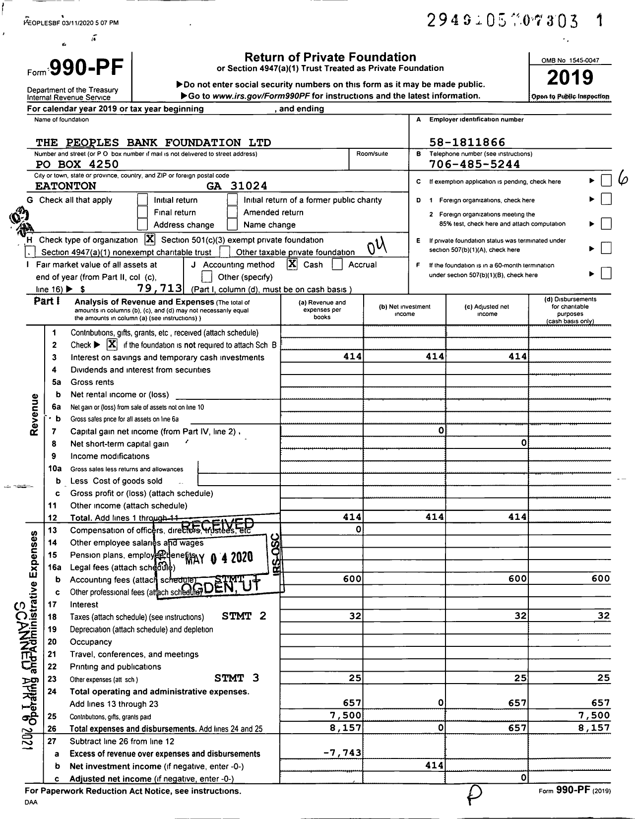 Image of first page of 2019 Form 990PF for The Peoples Bank Foundation