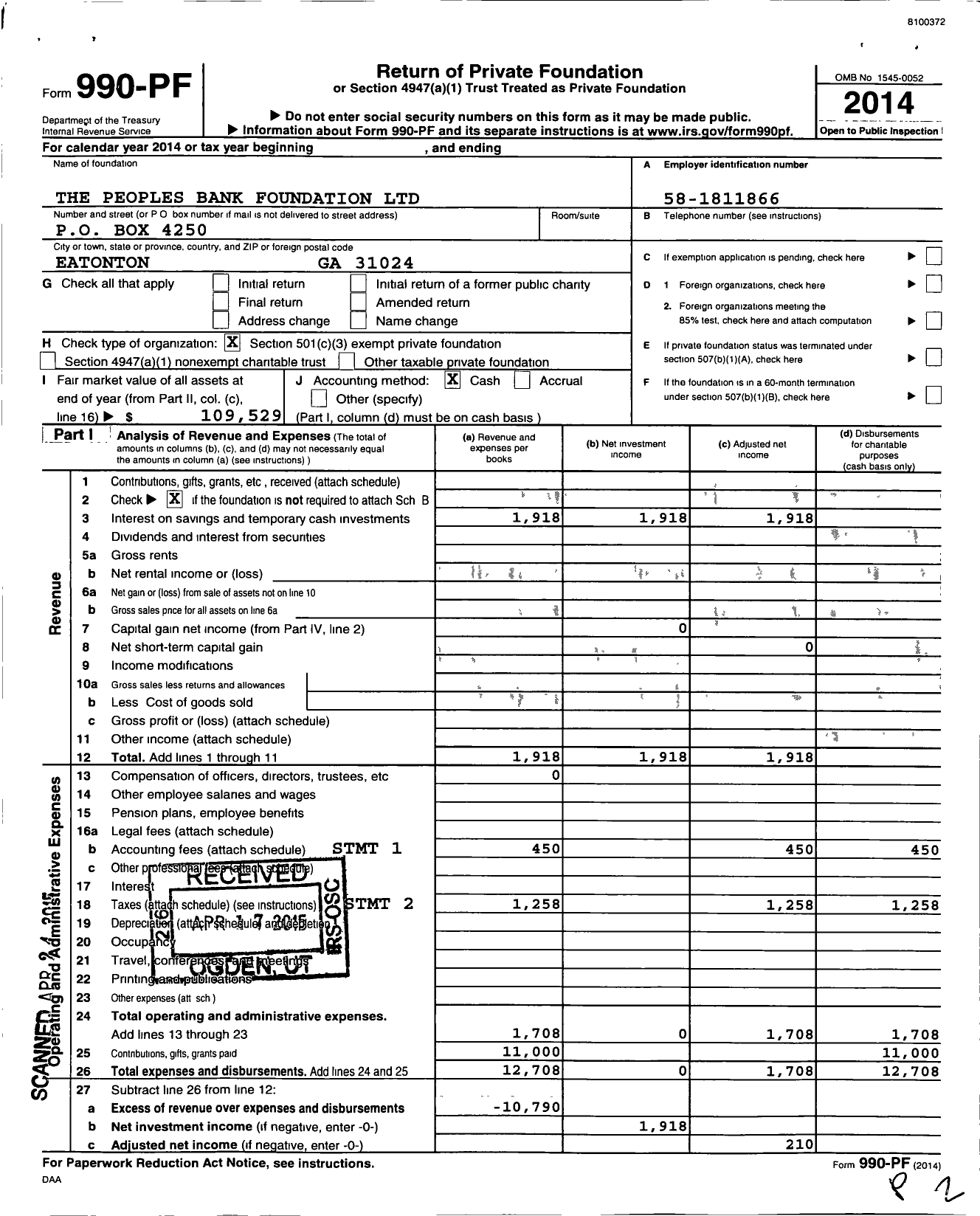 Image of first page of 2014 Form 990PF for The Peoples Bank Foundation