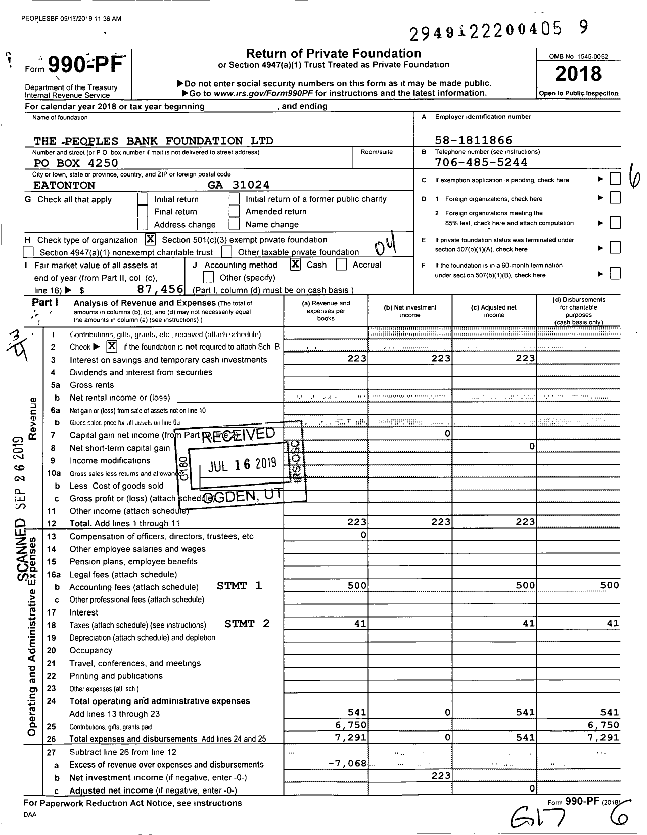 Image of first page of 2018 Form 990PF for The Peoples Bank Foundation