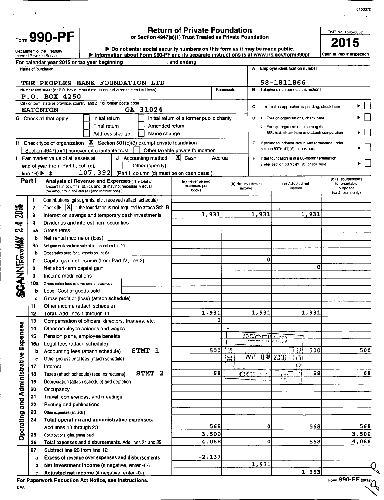 Image of first page of 2015 Form 990PF for The Peoples Bank Foundation