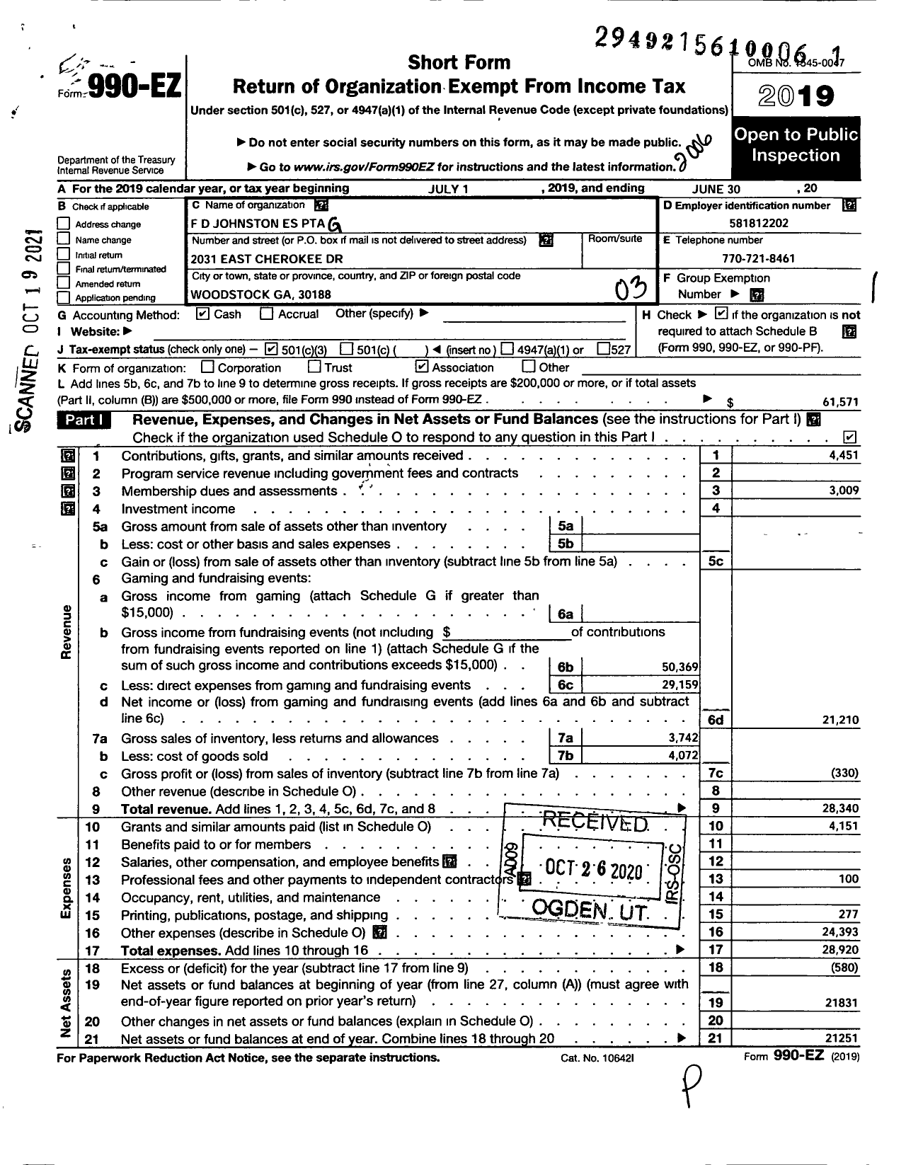 Image of first page of 2019 Form 990EZ for Georgia PTA - F D Johnston Es PTA