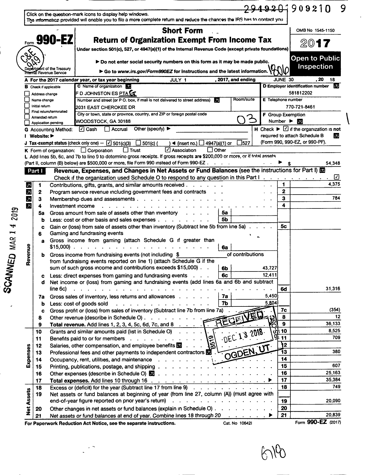 Image of first page of 2017 Form 990EZ for Georgia PTA - F D Johnston Es PTA