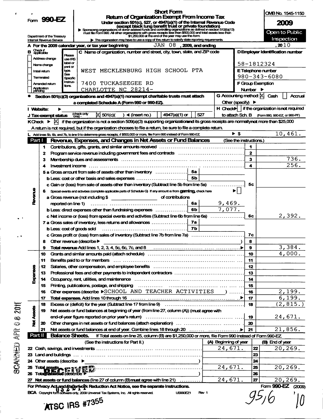 Image of first page of 2010 Form 990EO for North Carolina PTA - West Mecklenburg High School PTA