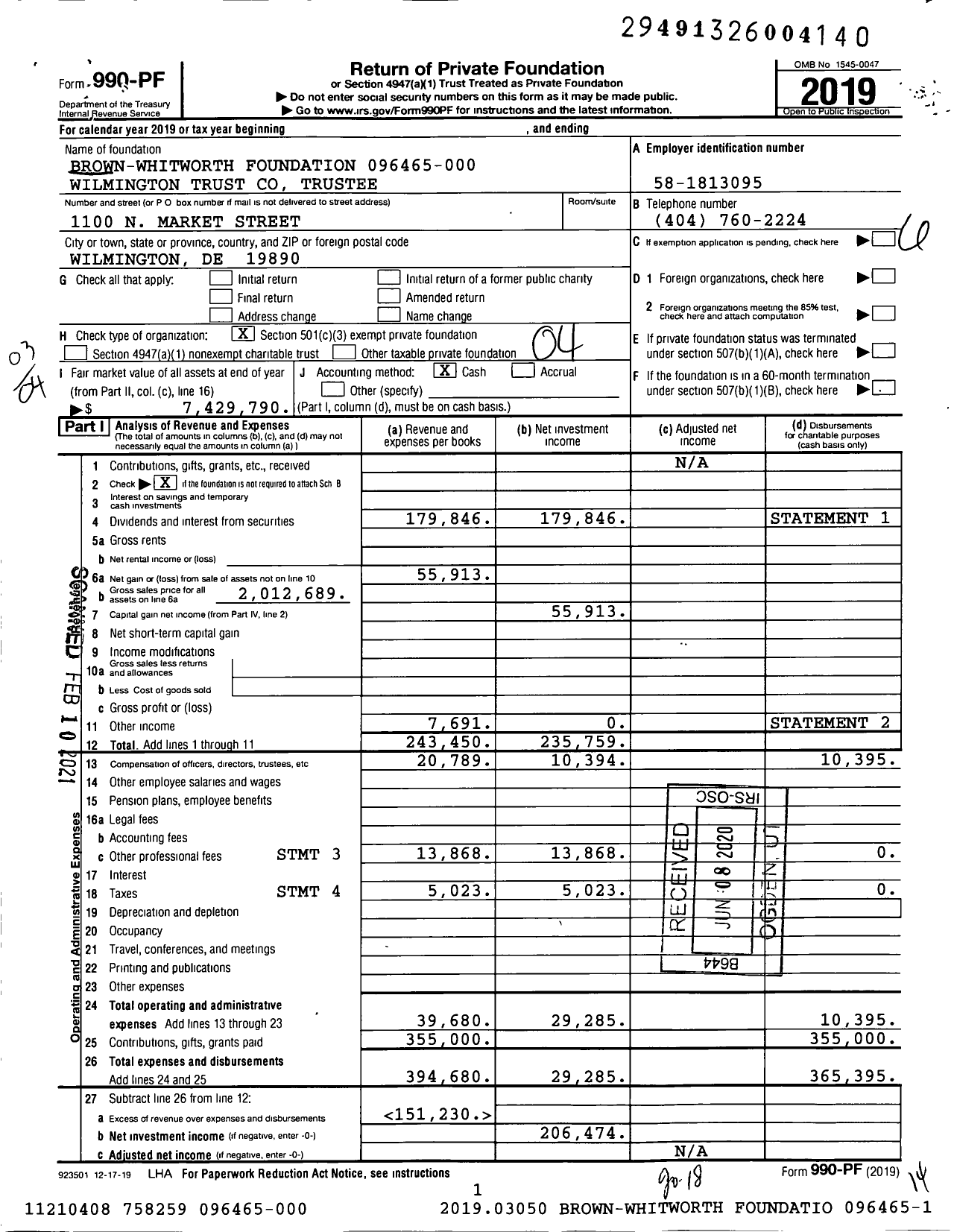 Image of first page of 2019 Form 990PF for Brown-Whitworth Foundation 096465-000