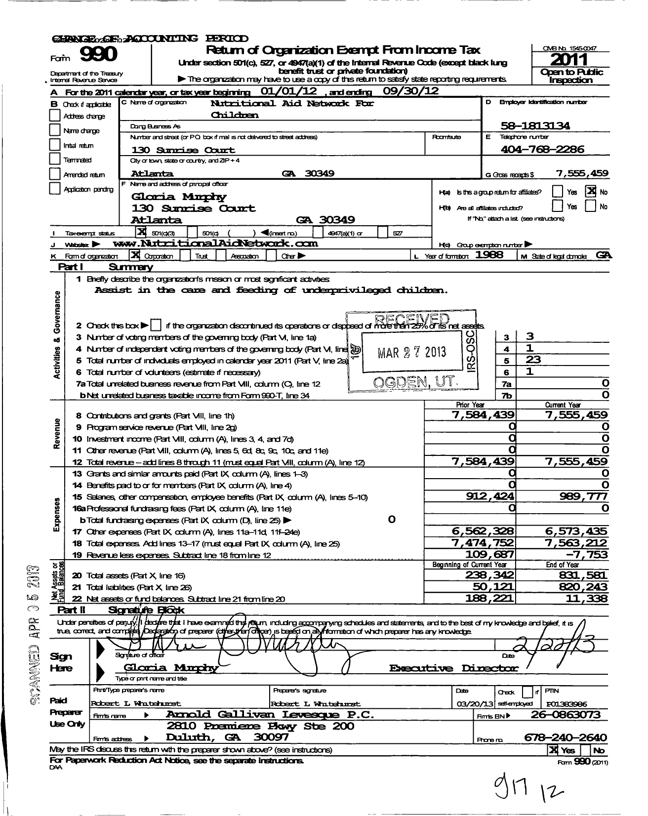 Image of first page of 2011 Form 990 for Nutritional Aid Network for Children