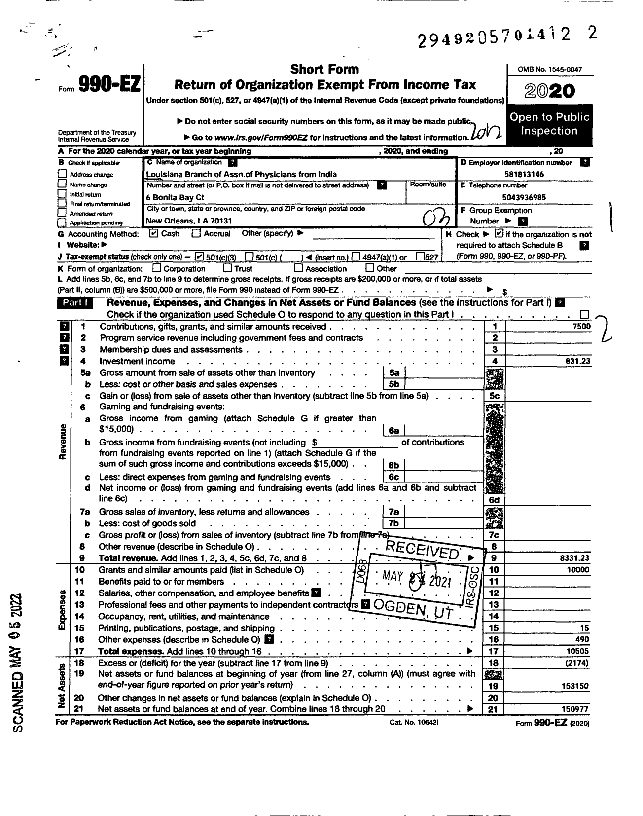 Image of first page of 2020 Form 990EZ for Louisianna Branch of American Association of Physicians From India