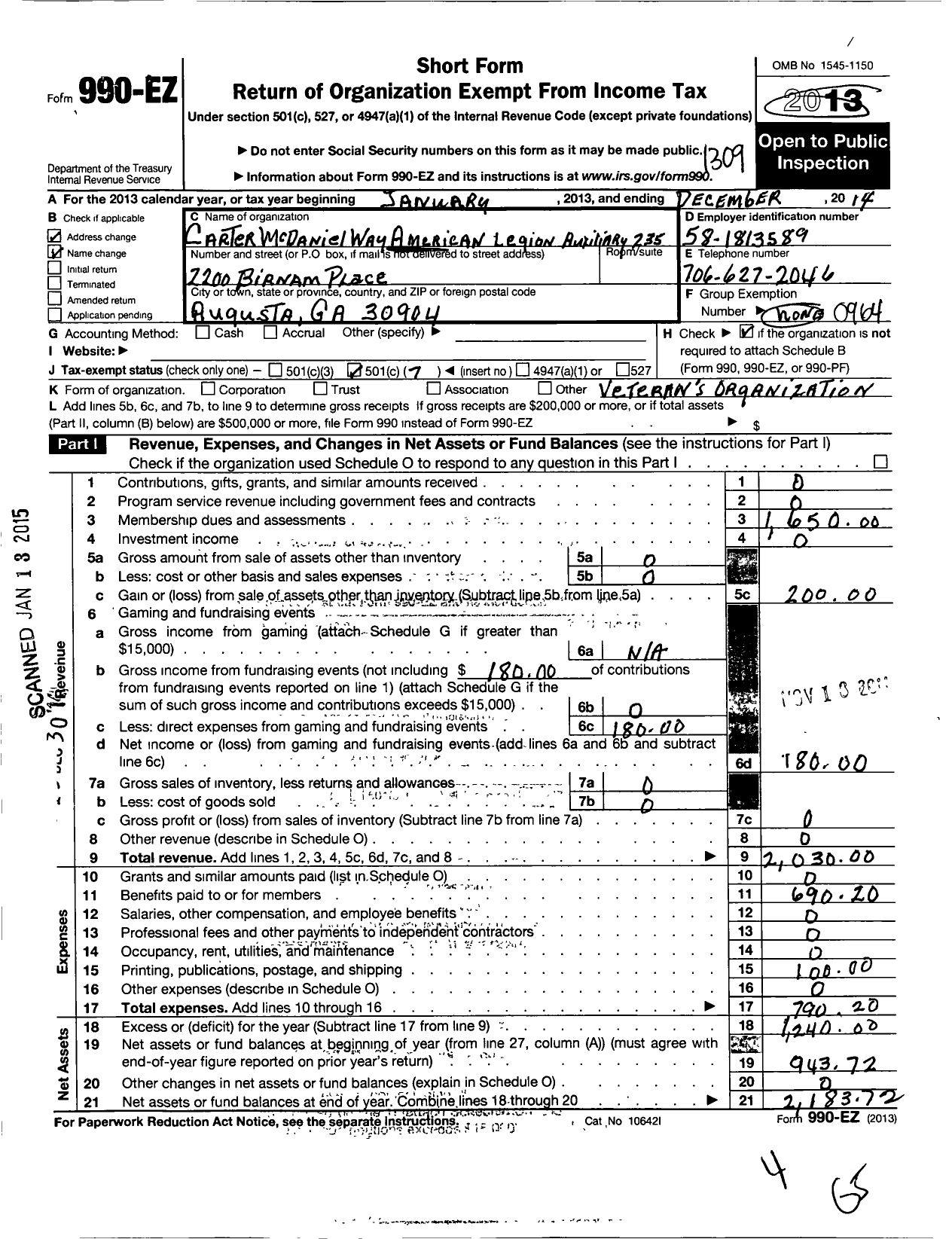 Image of first page of 2012 Form 990EO for American Legion - 235 Carter Mcdaniel Way